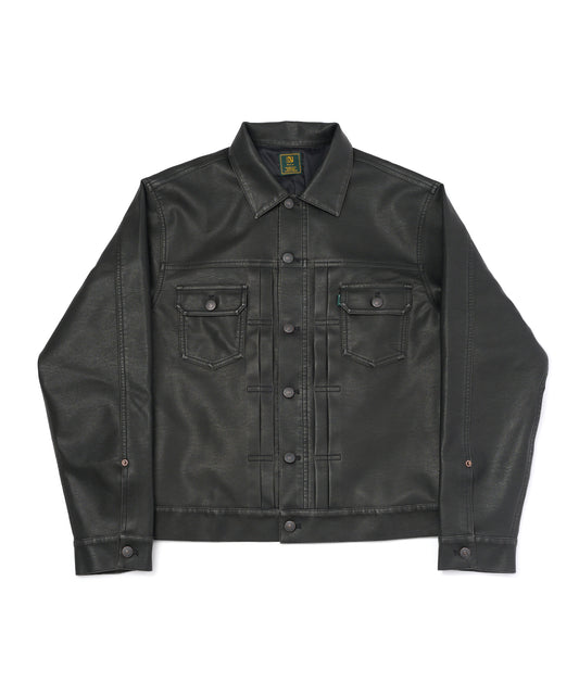 ウォッシュドフェイクレザートラッカージャケット[Black]