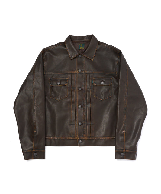 ウォッシュドフェイクレザートラッカージャケット[Brown]