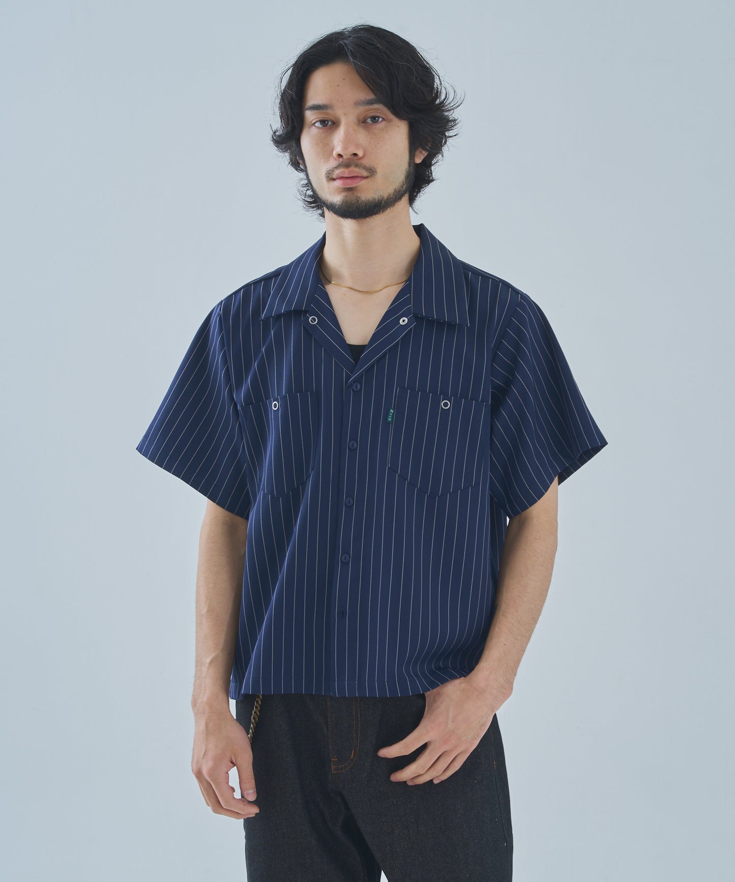 オープンカラーワークシャツ[Navy Stripe]
