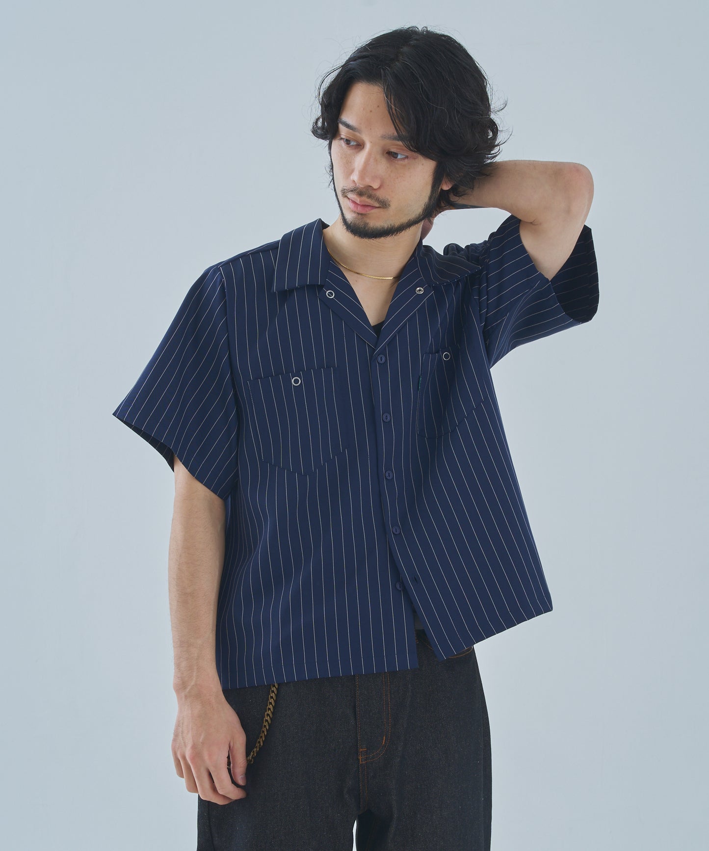 オープンカラーワークシャツ[Navy Stripe]