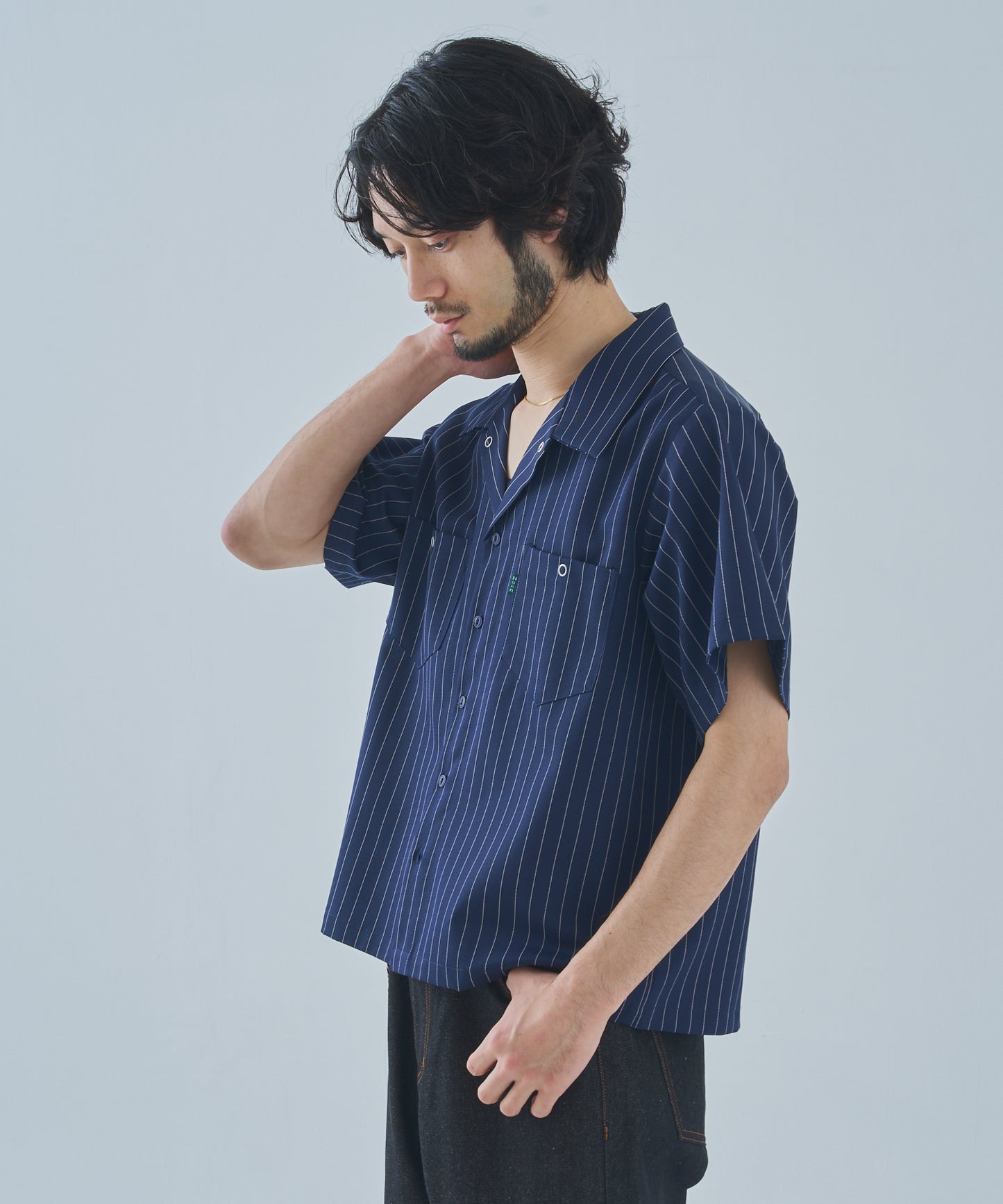 オープンカラーワークシャツ[Navy Stripe]
