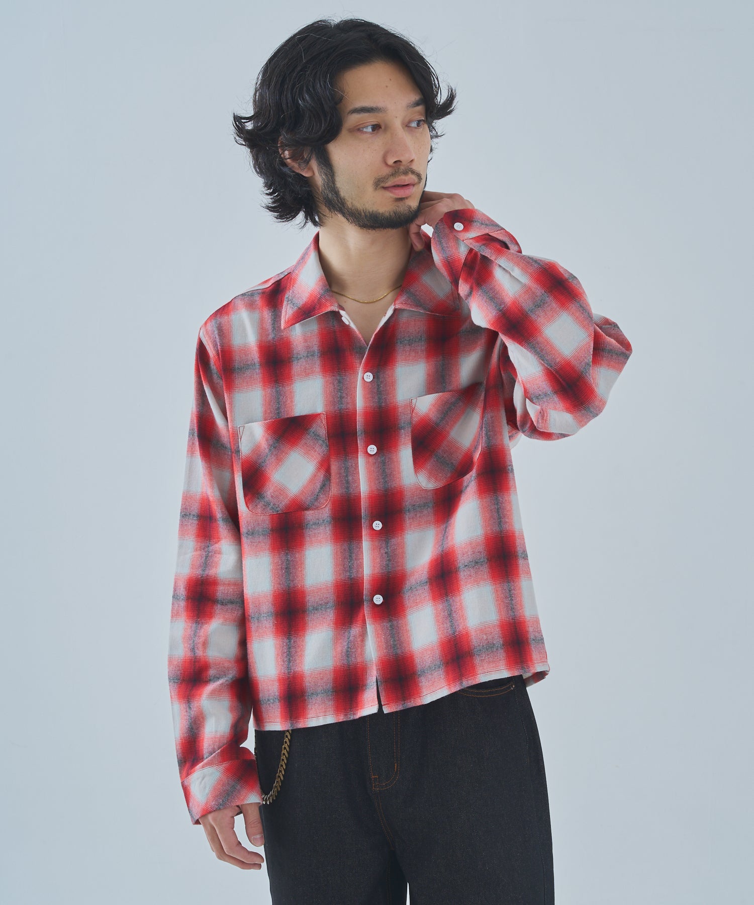 LONGINUS オープンネック チェックシャツ (レッド)新品 オンブレチェックシャツ[Red] – Noen