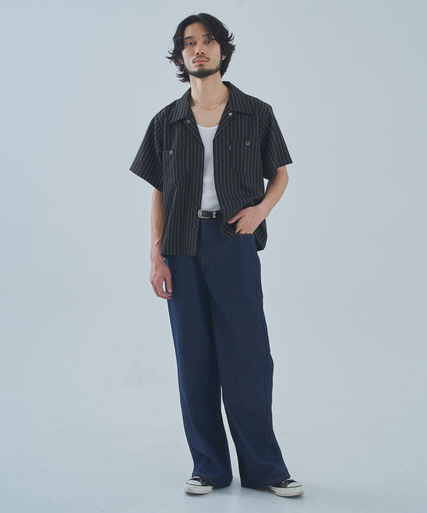 オープンカラーワークシャツ[Black Stripe]