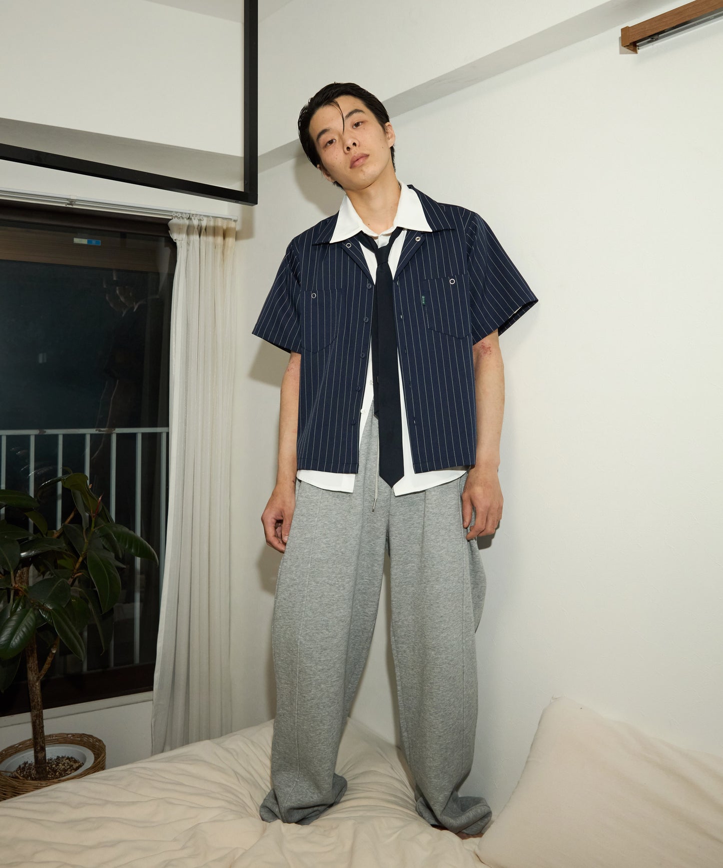 ストライプオープンカラーワークシャツ[Navy]