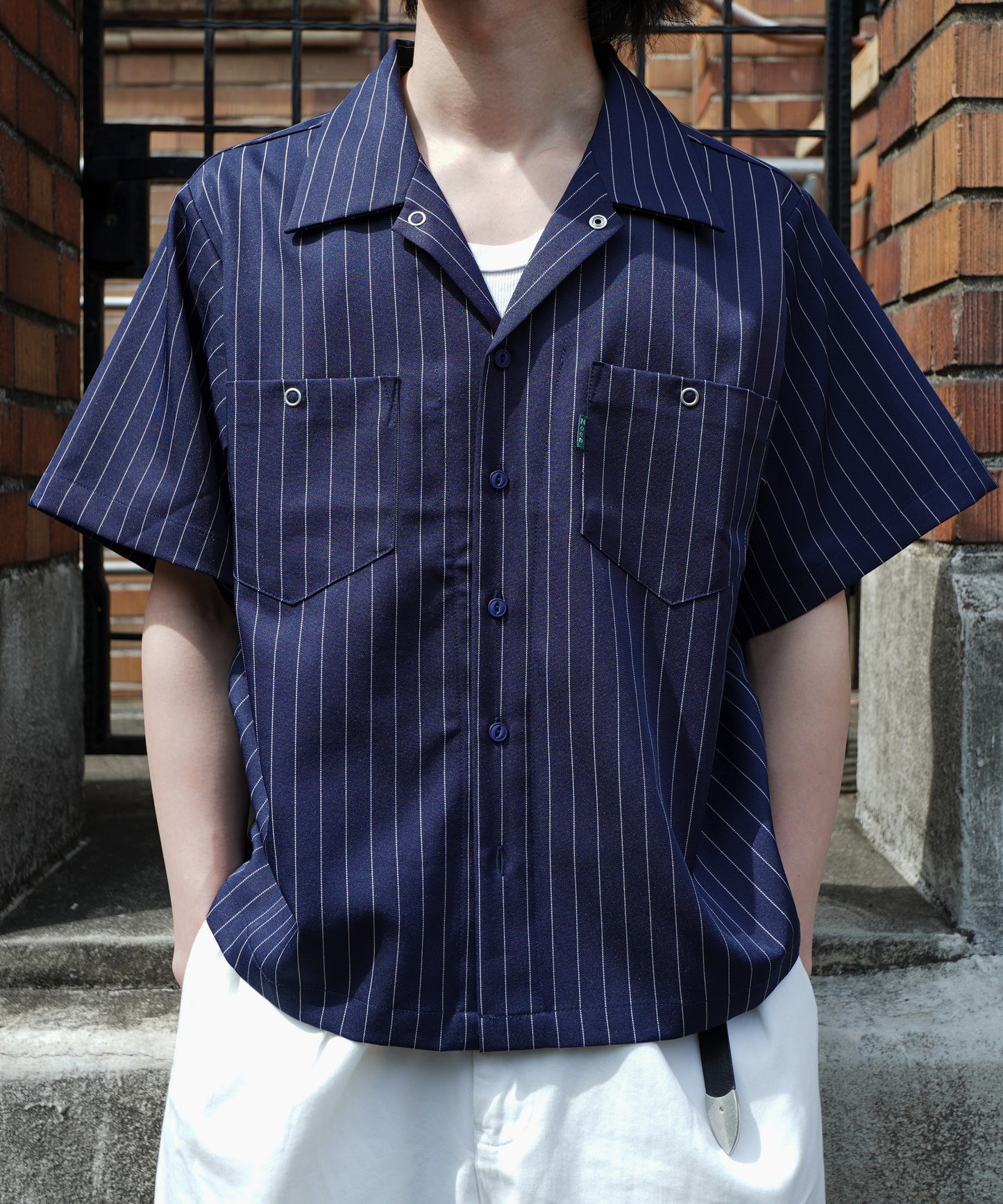 ストライプオープンカラーワークシャツ[Navy]