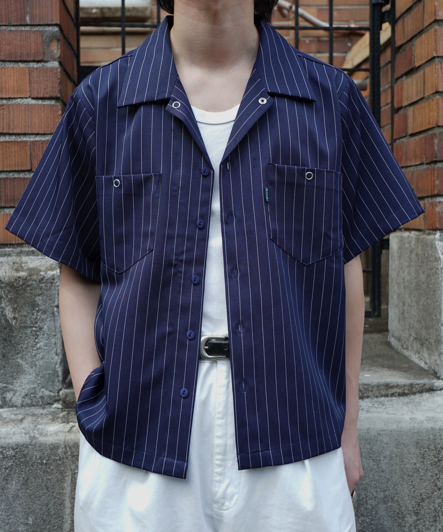 ストライプオープンカラーワークシャツ[Navy]
