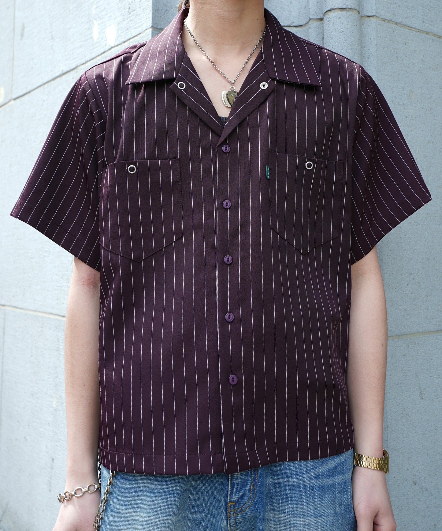 ストライプオープンカラーワークシャツ[Brown]
