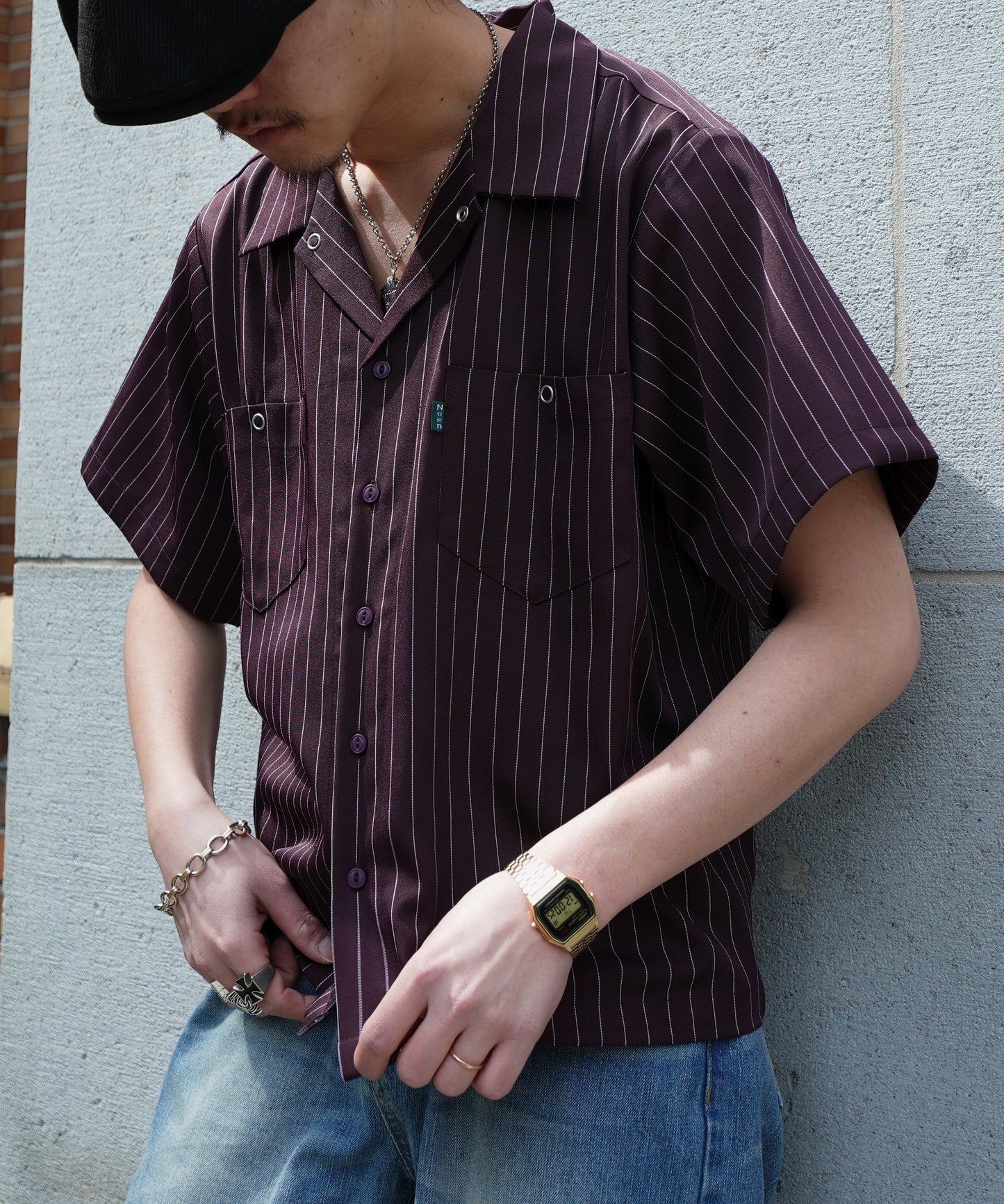 ストライプオープンカラーワークシャツ[Brown]