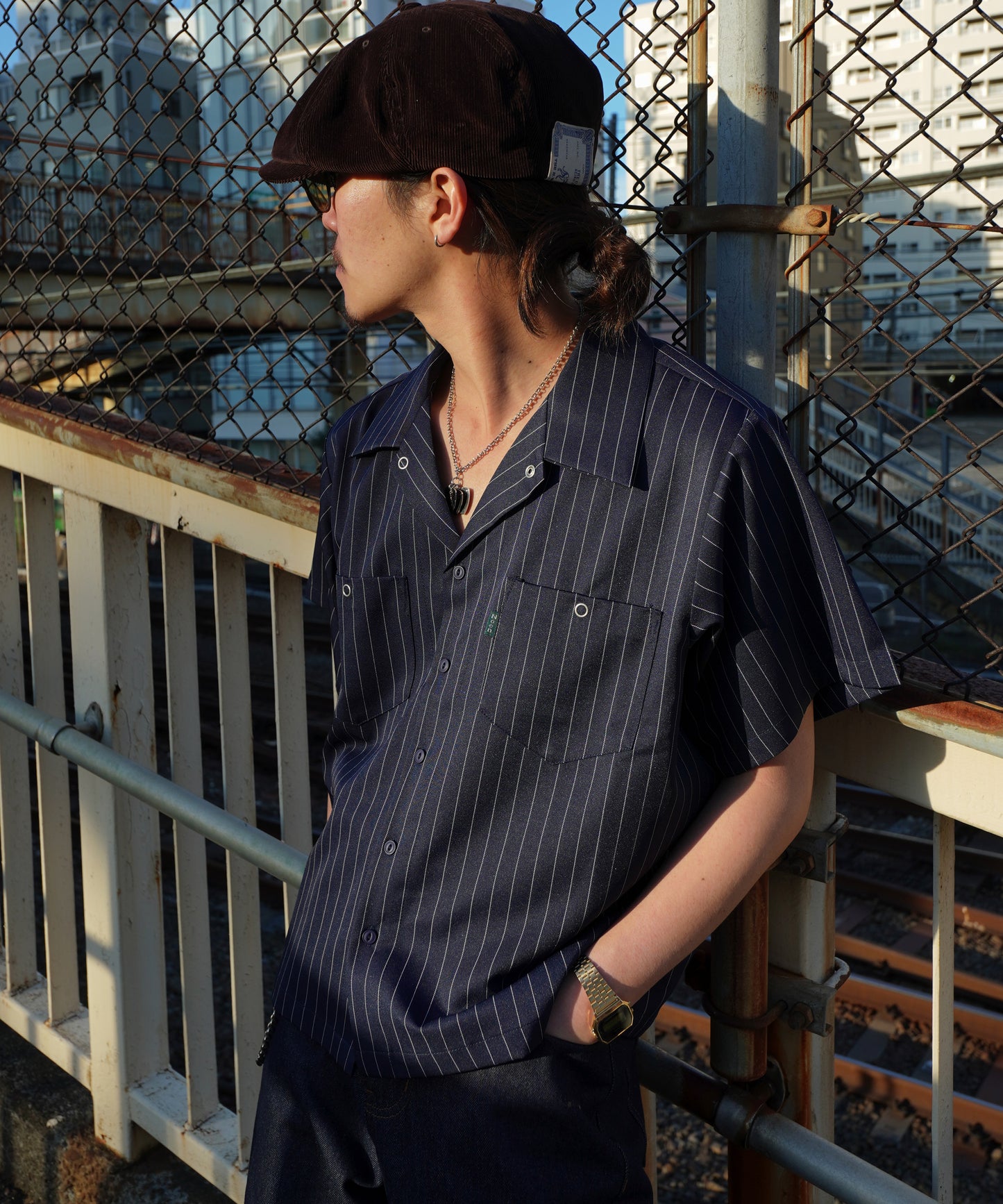 ストライプオープンカラーワークシャツ[Navy]