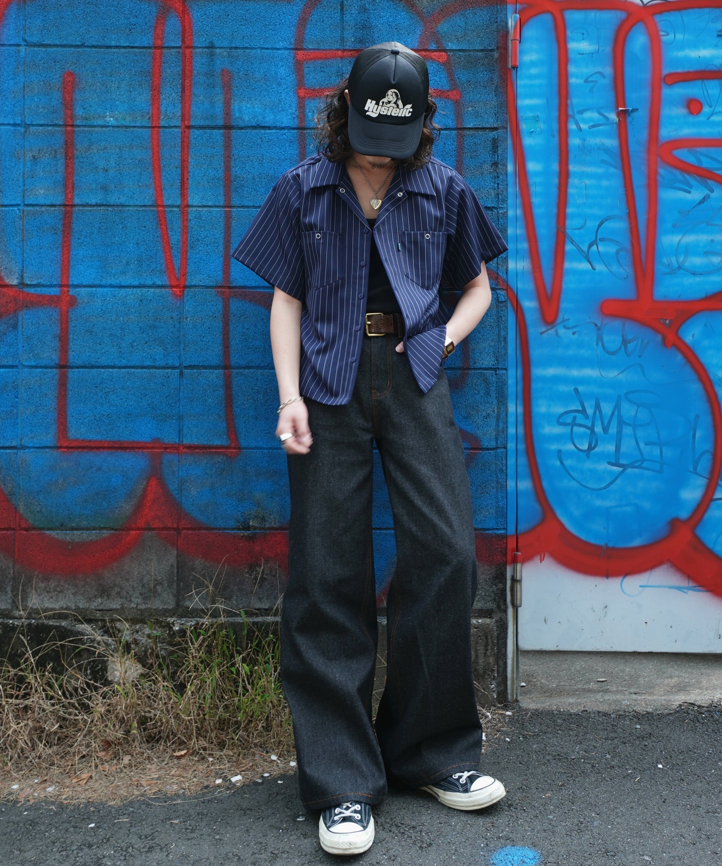 ストライプオープンカラーワークシャツ[Navy]