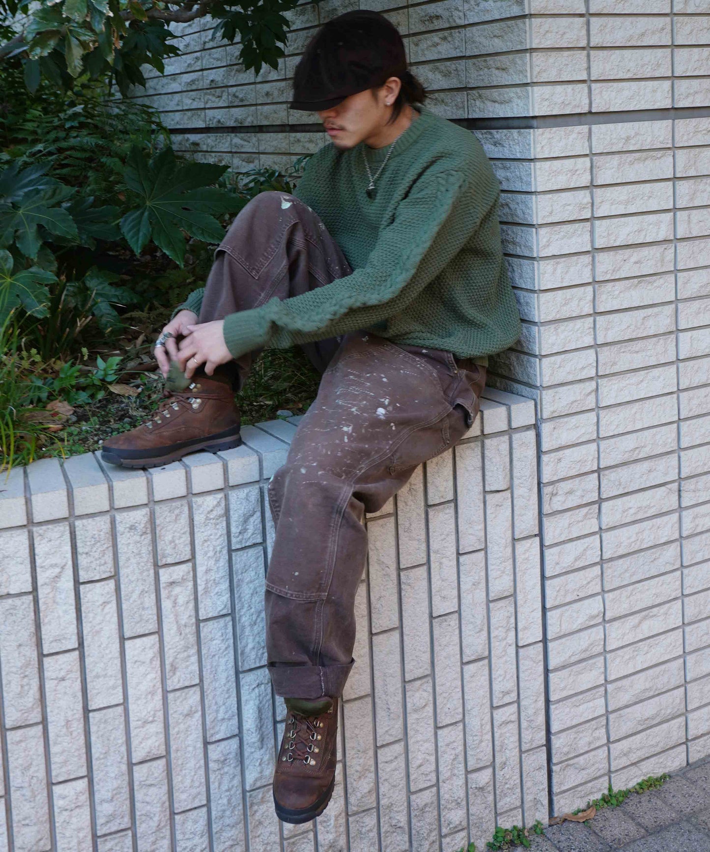 ケーブルスイッチングワッフルセーター[Khaki]