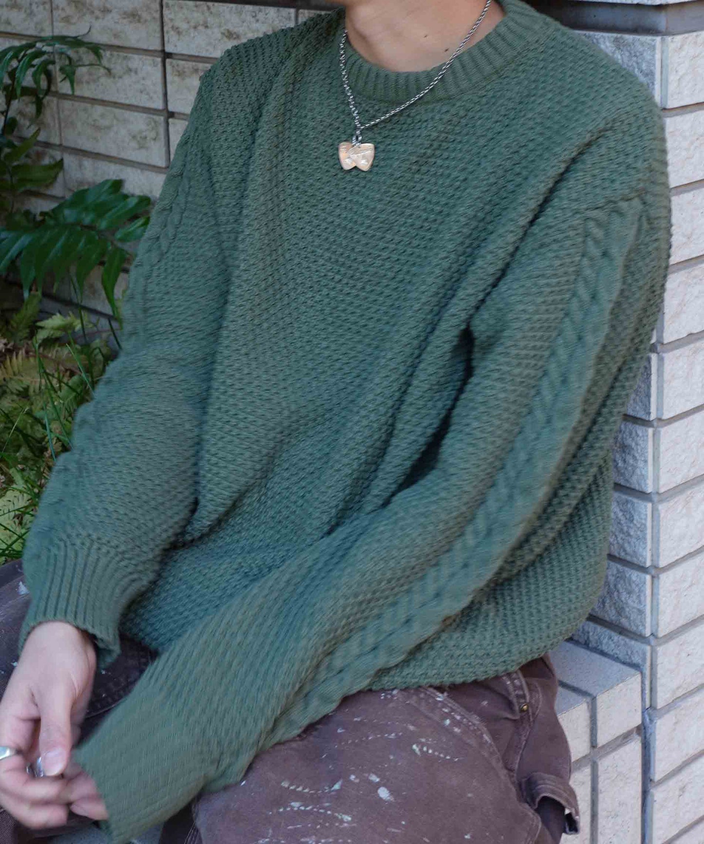 ケーブルスイッチングワッフルセーター[Khaki]