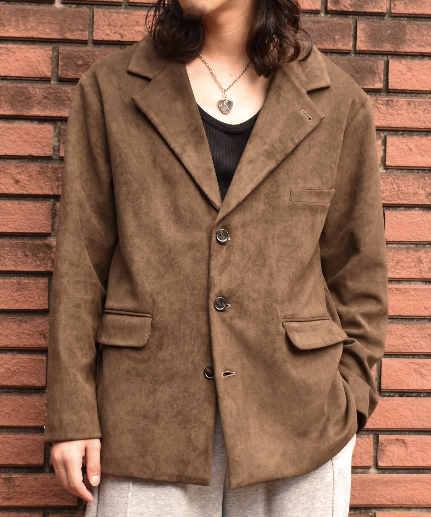 フェイクスエードテーラードジャケット[Brown]
