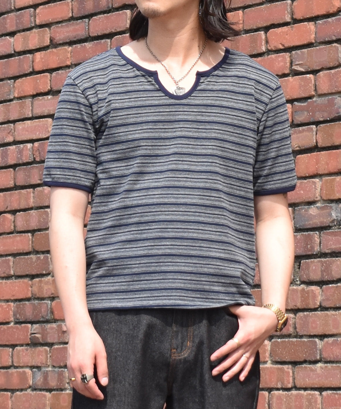 オープンネックボーダーT[Dark Navy]