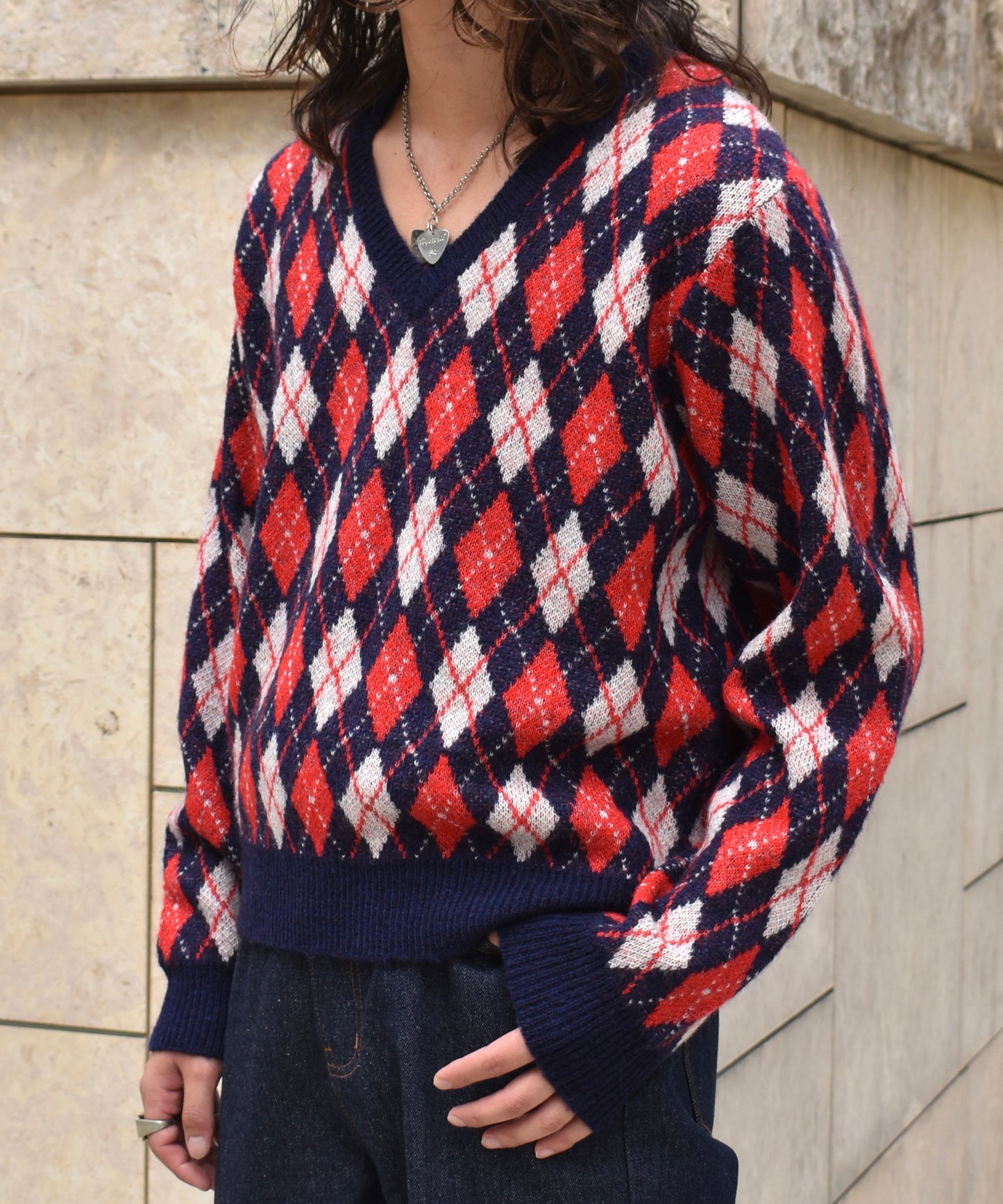 モヘアVネックニット[Argyle × Navy]