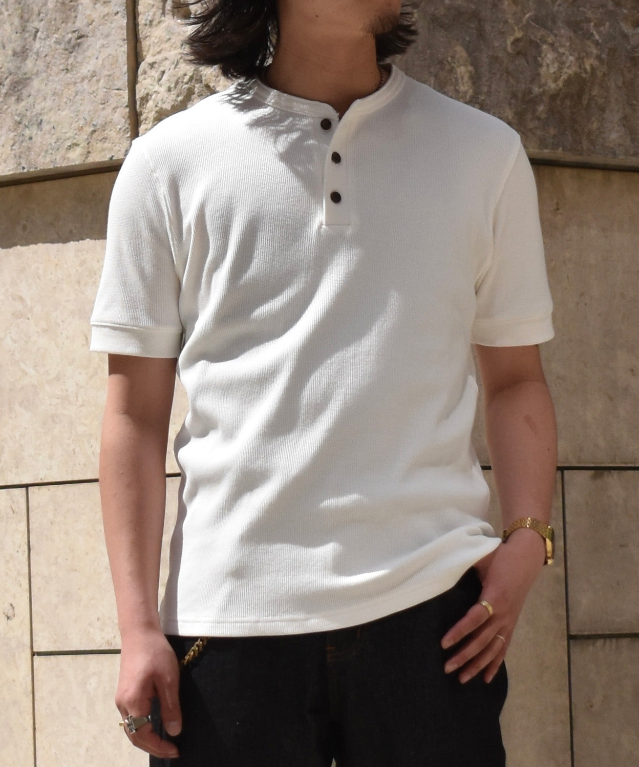 ヘンリーネックワッフルTシャツ[White]
