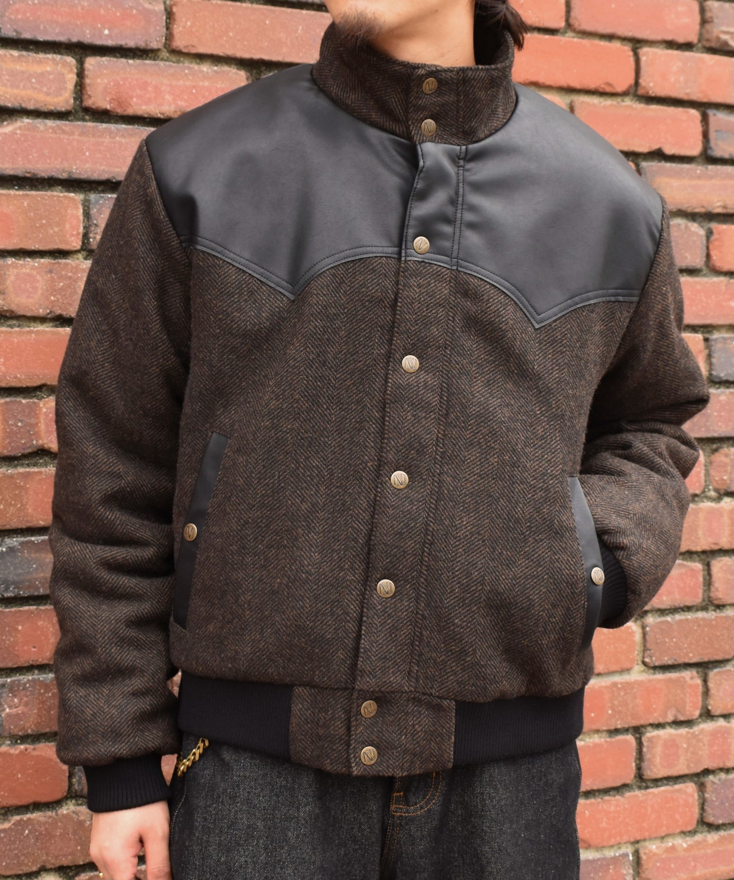 レザーヨーク中綿ツイードジャケット[Brown]