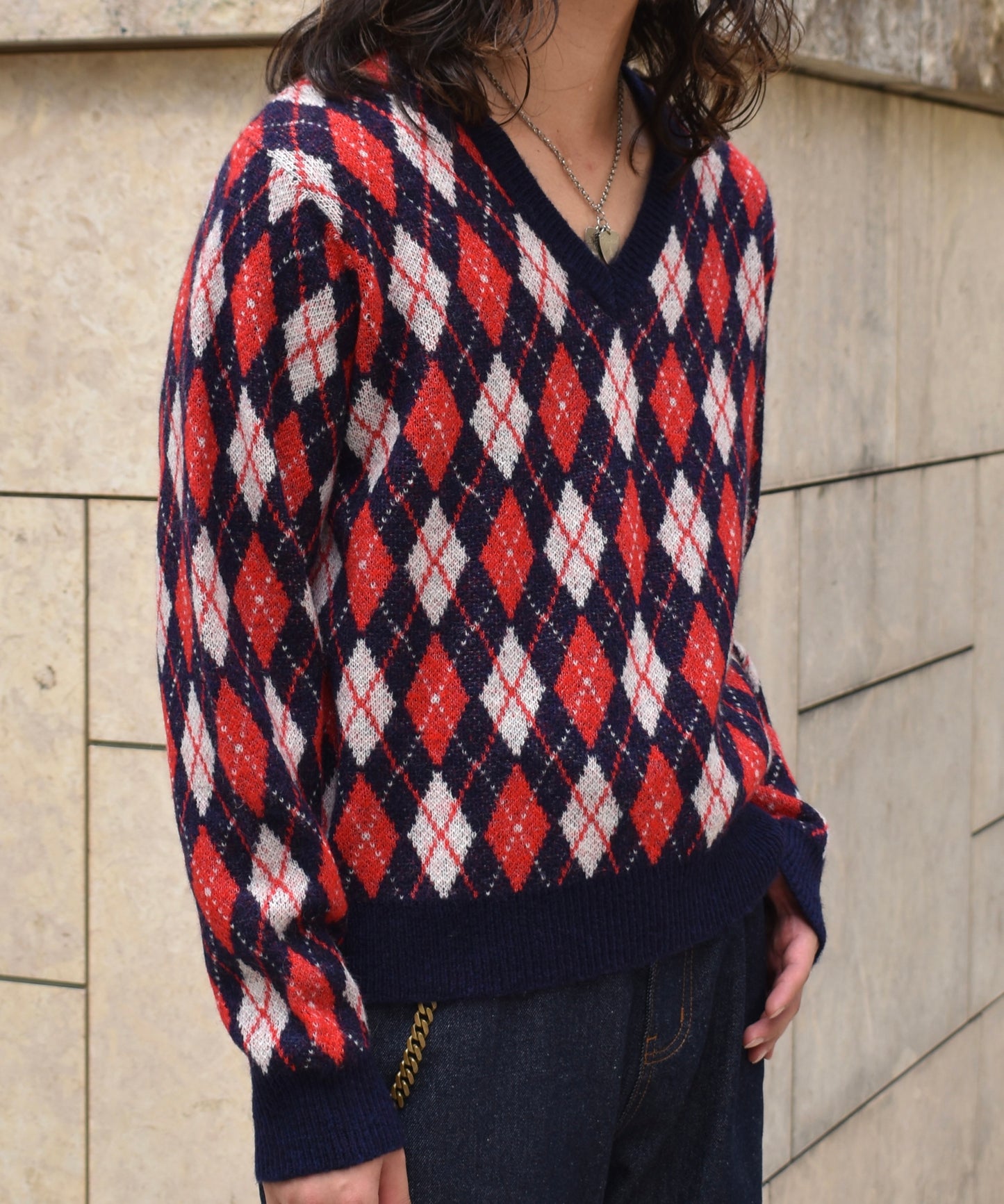 モヘアVネックニット[Argyle × Navy]