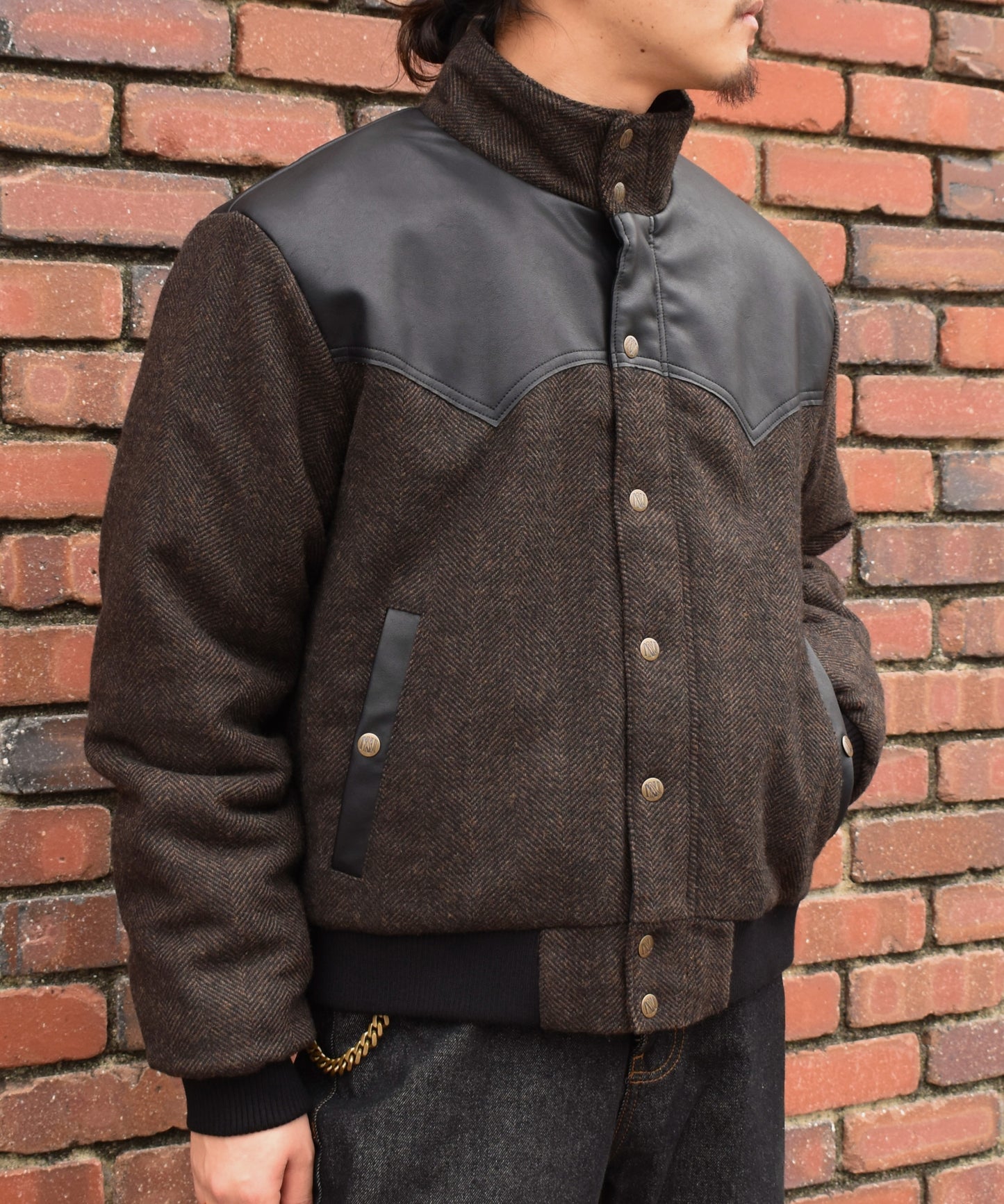 レザーヨーク中綿ツイードジャケット[Brown]