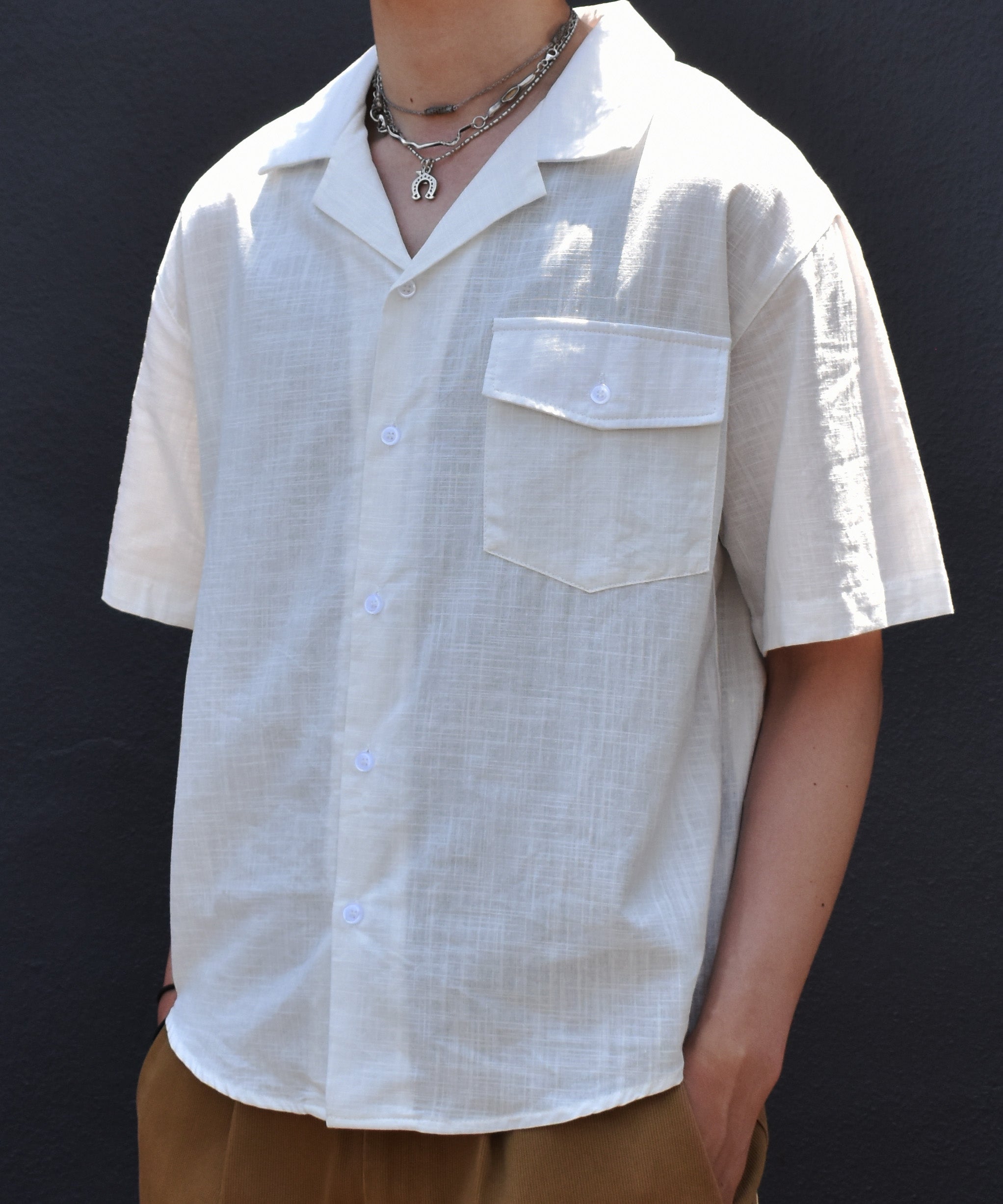 リネンライクオープンカラーシャツ[White] – Noen