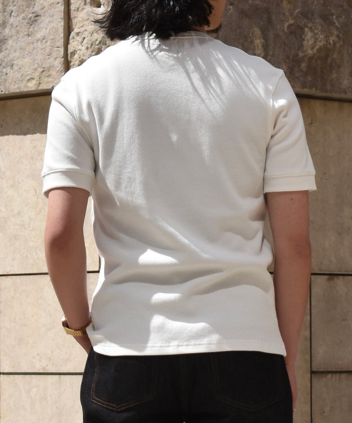 ヘンリーネックワッフルTシャツ[White]