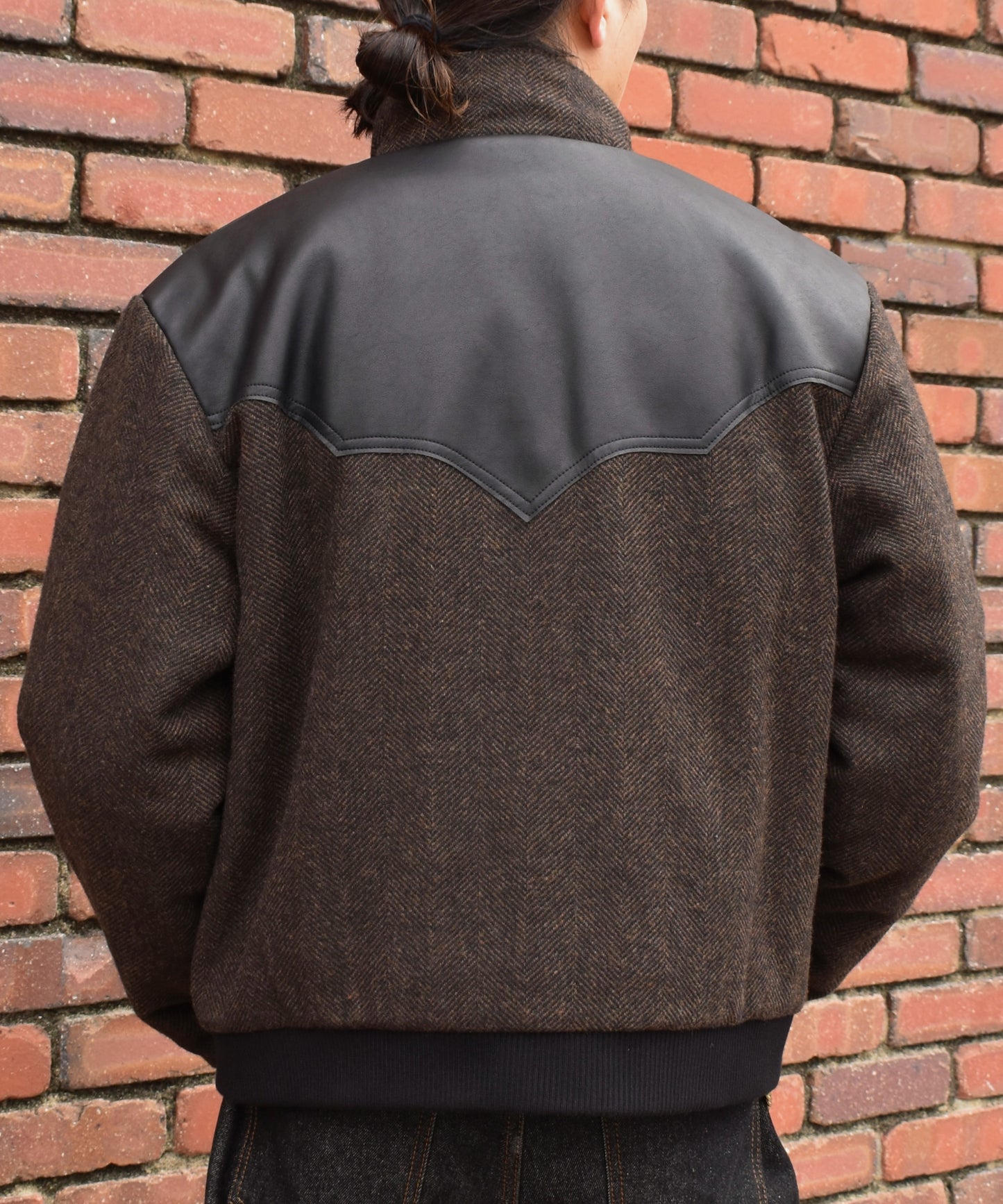 レザーヨーク中綿ツイードジャケット[Brown]
