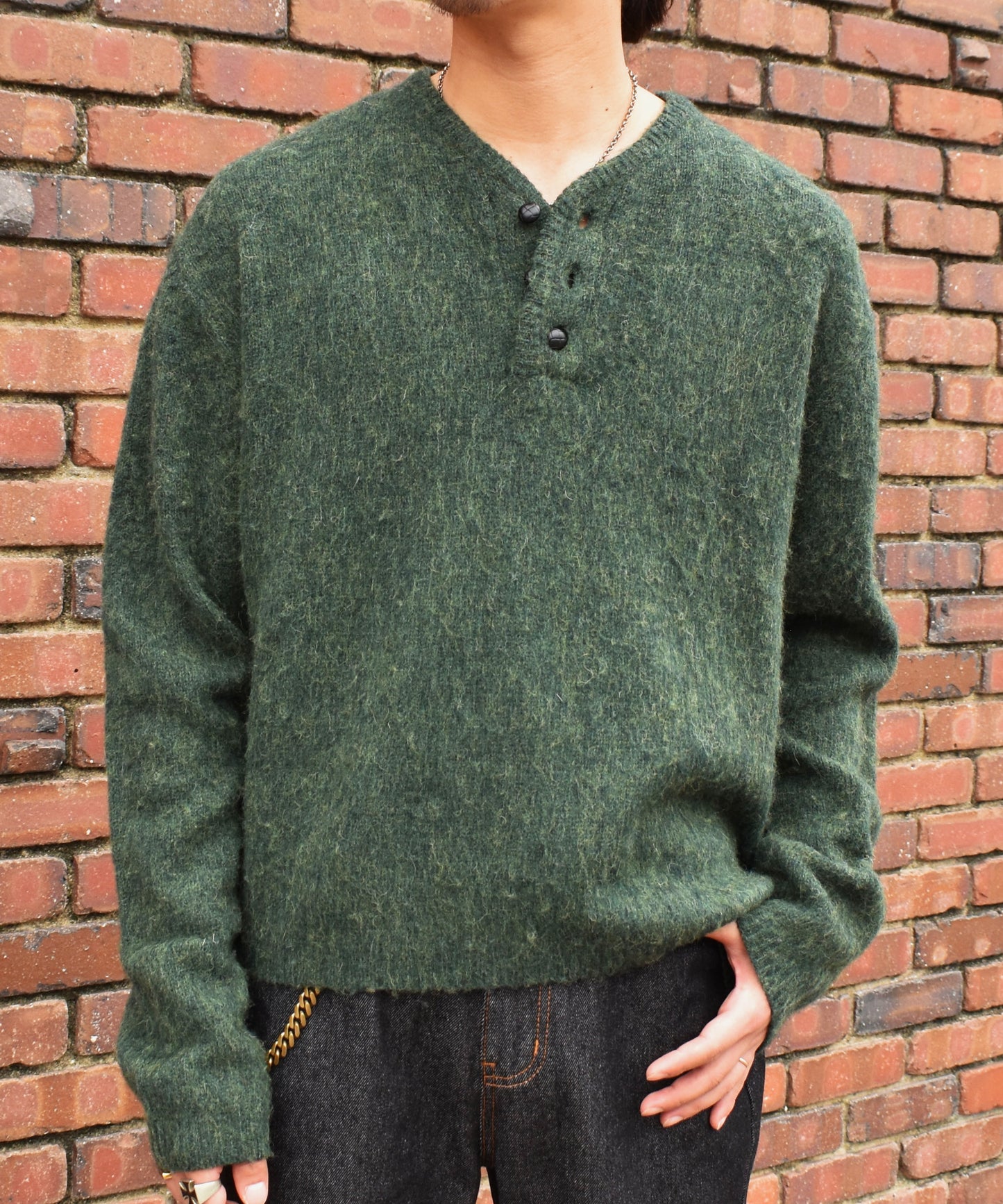 ヘンリーネックメランジウールニット[Green]
