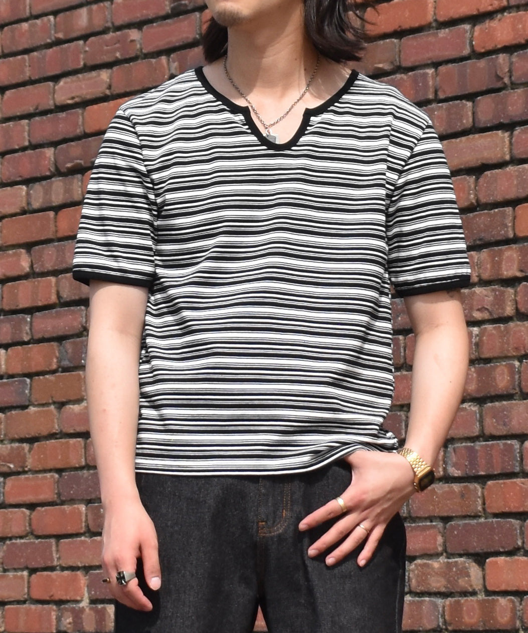 オープンネックボーダーT[Black]