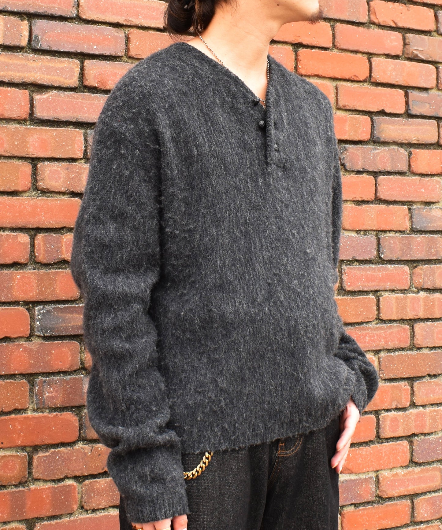 ヘンリーネックメランジウールニット[Black]