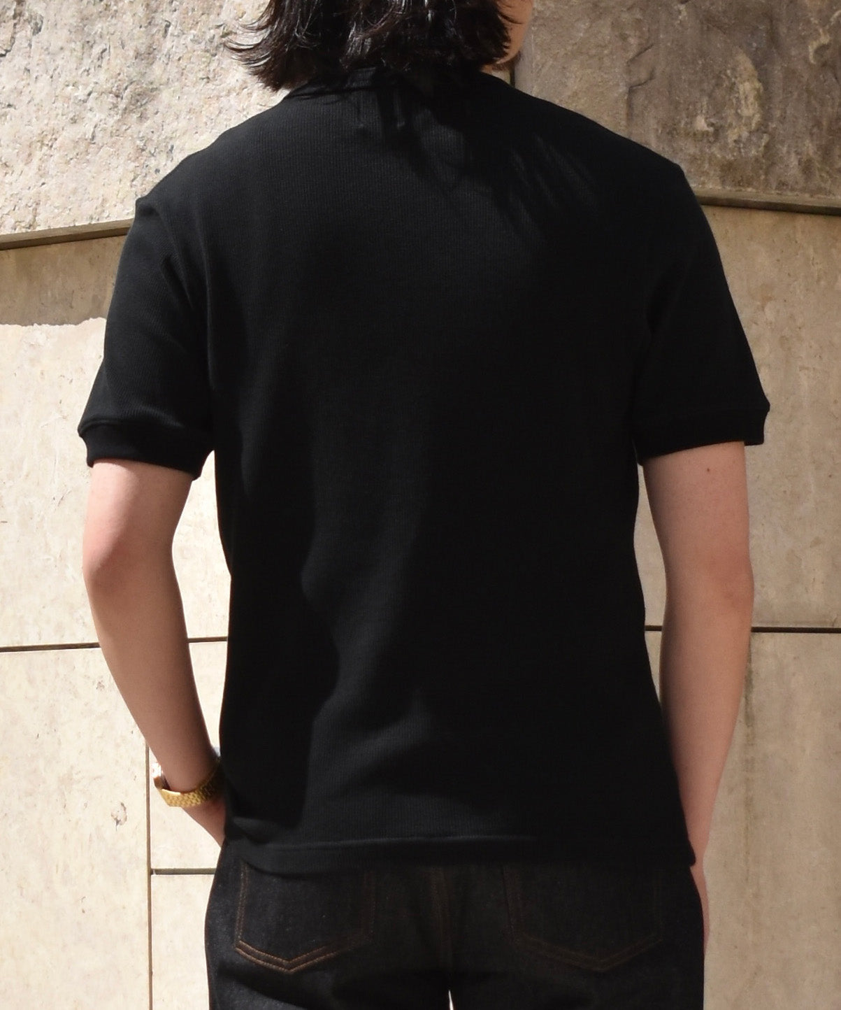 ヘンリーネックワッフルTシャツ[Black]