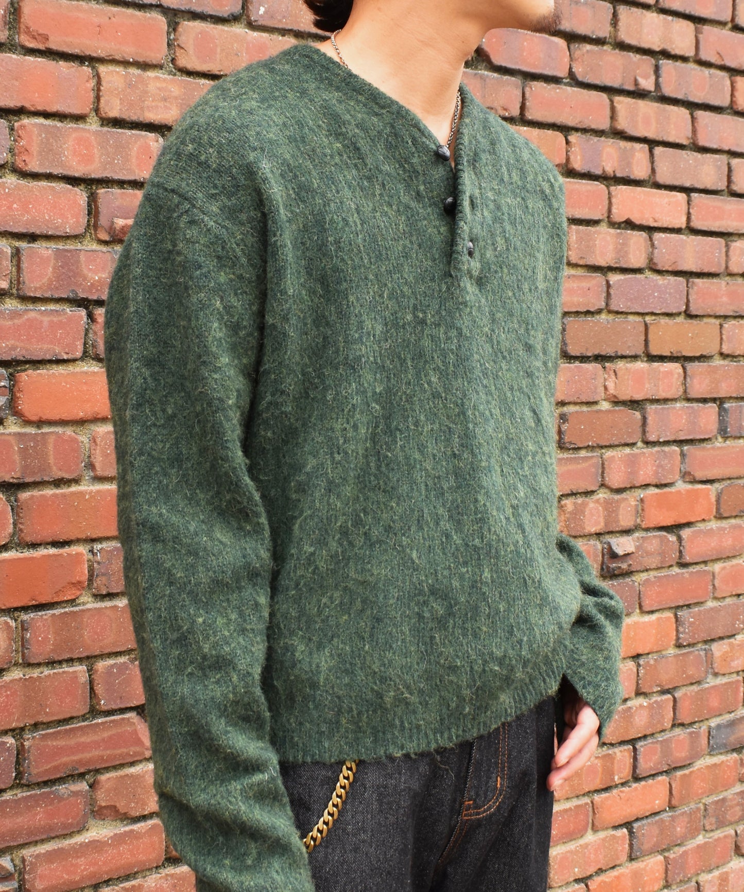 ヘンリーネックメランジウールニット[Green]