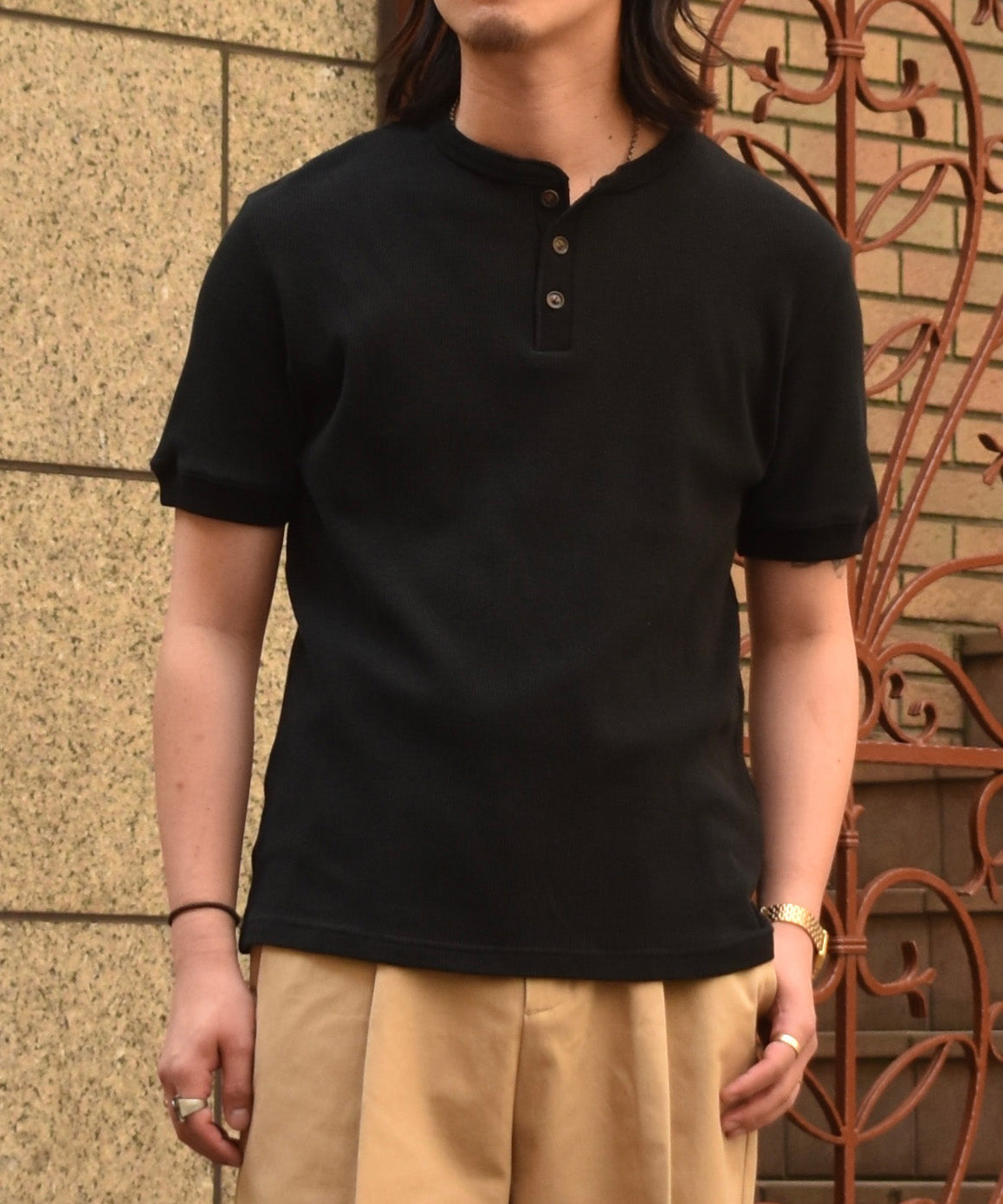 ヘンリーネックワッフルTシャツ[Black]