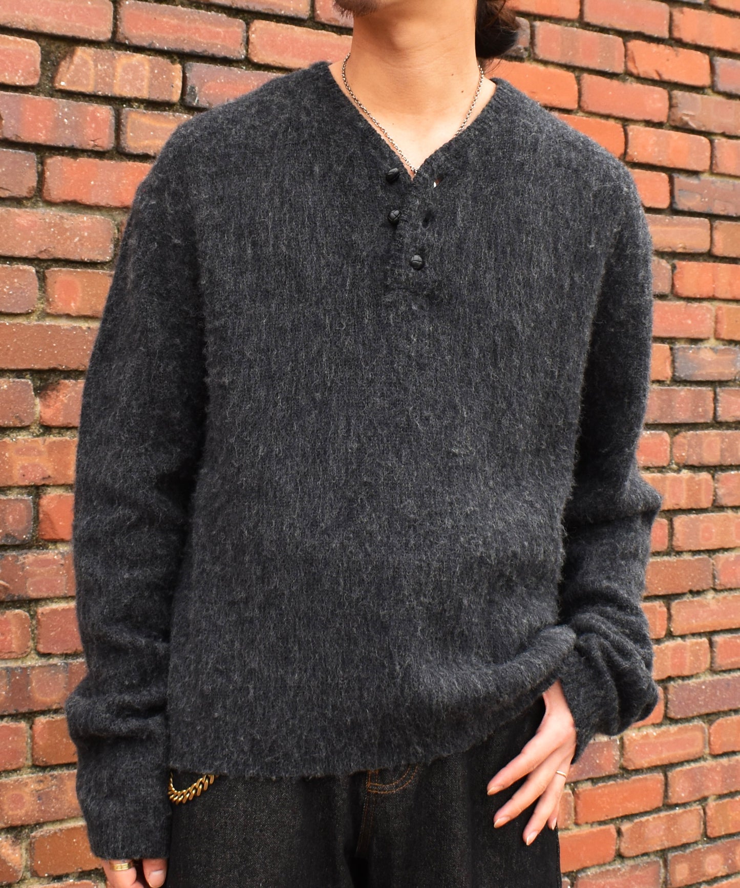 ヘンリーネックメランジウールニット[Black]