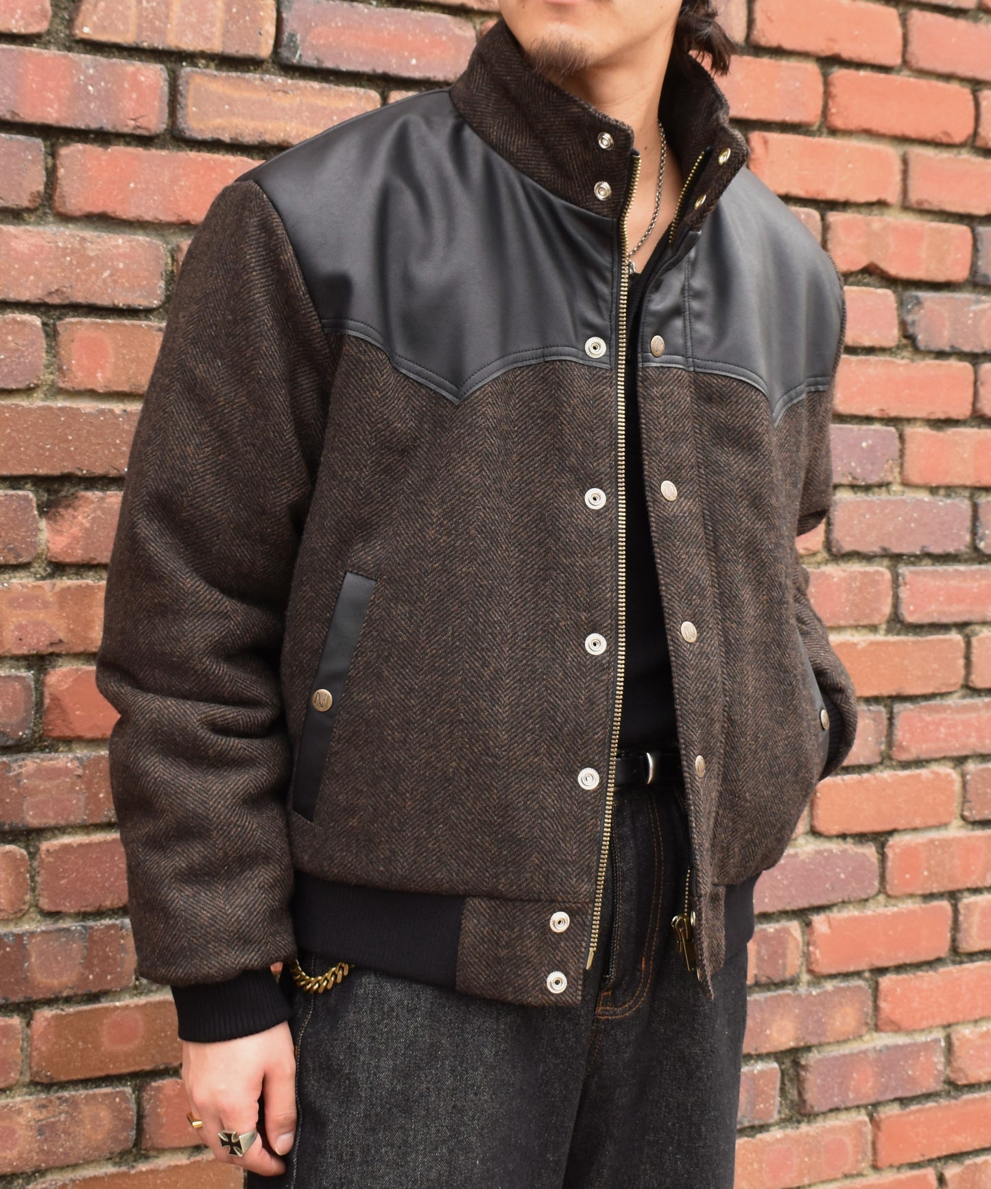 レザーヨーク中綿ツイードジャケット[Brown]