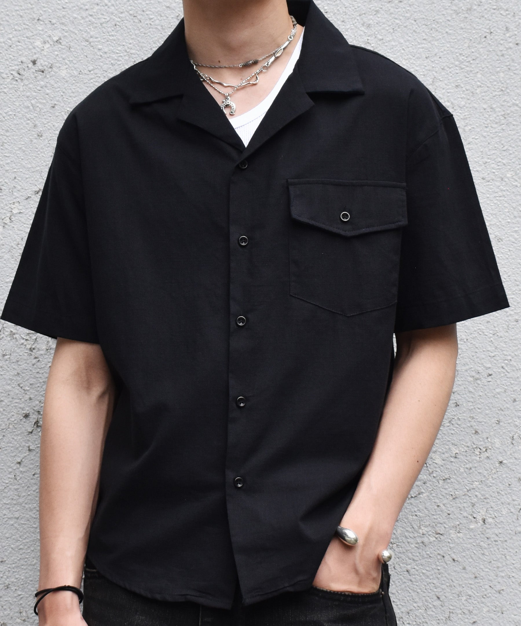 リネンライクオープンカラーシャツ[Black] – Noen