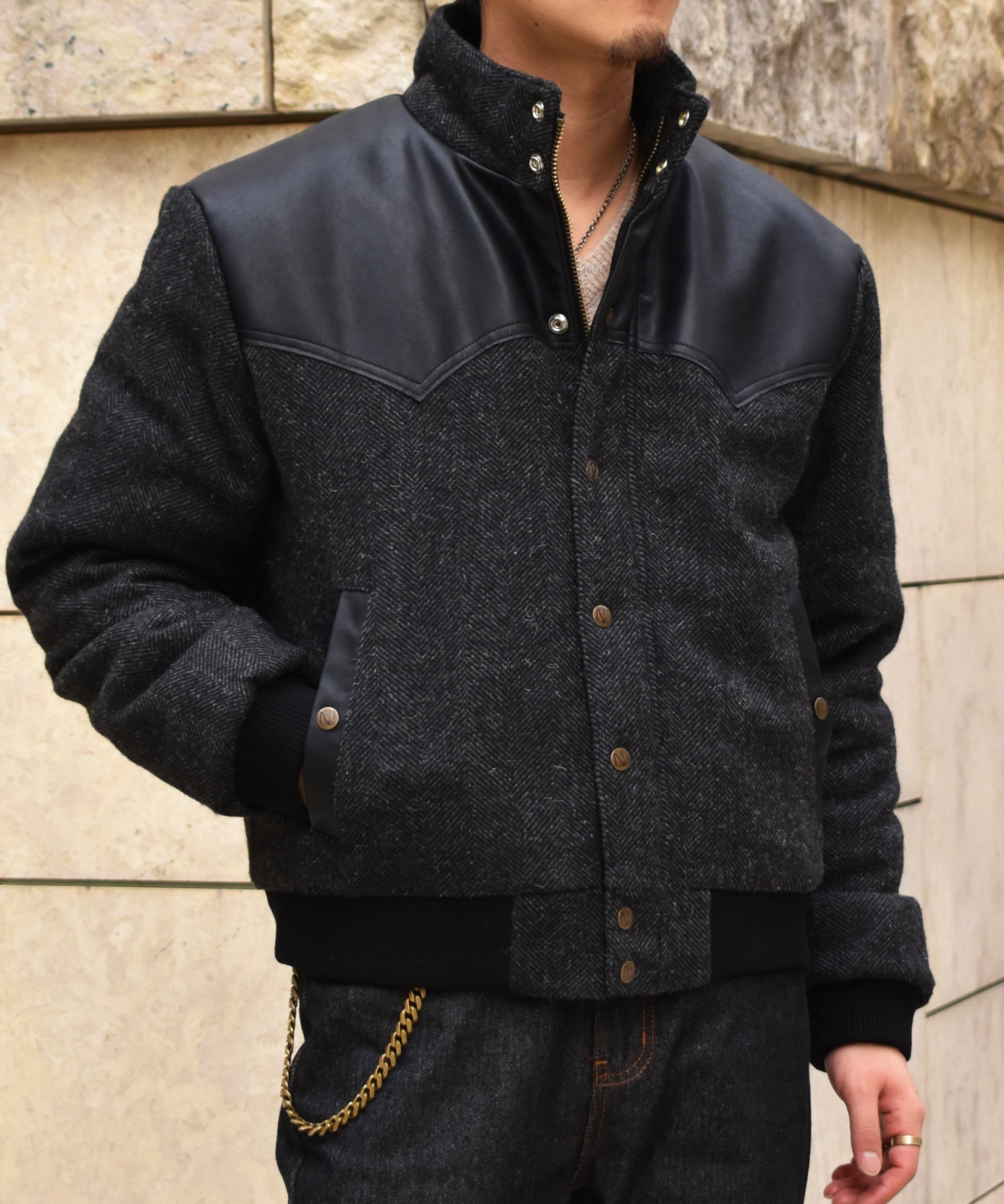 レザーヨーク中綿ツイードジャケット[Black] – Noen