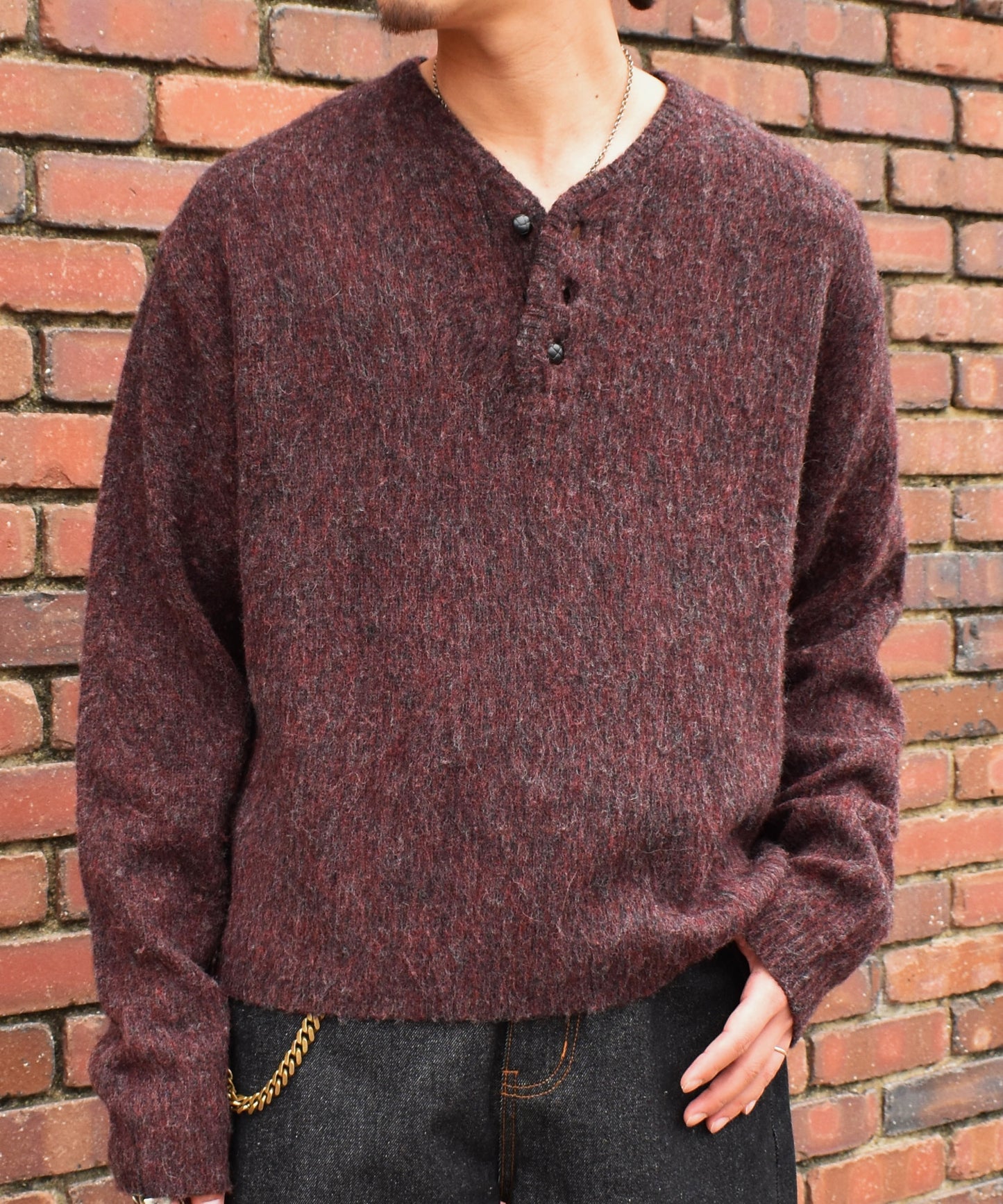 ヘンリーネックメランジウールニット[Burgundy]