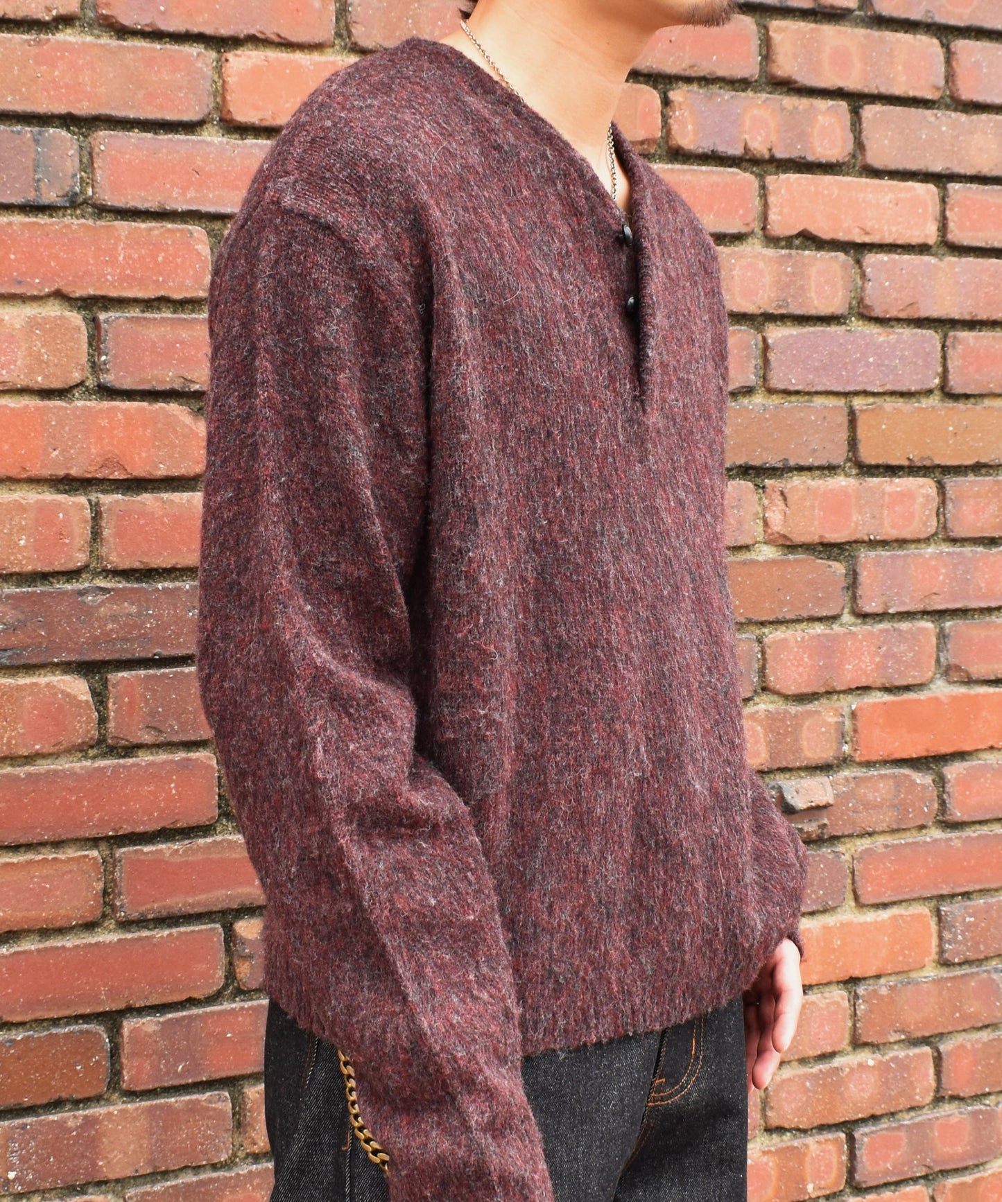 ヘンリーネックメランジウールニット[Burgundy]