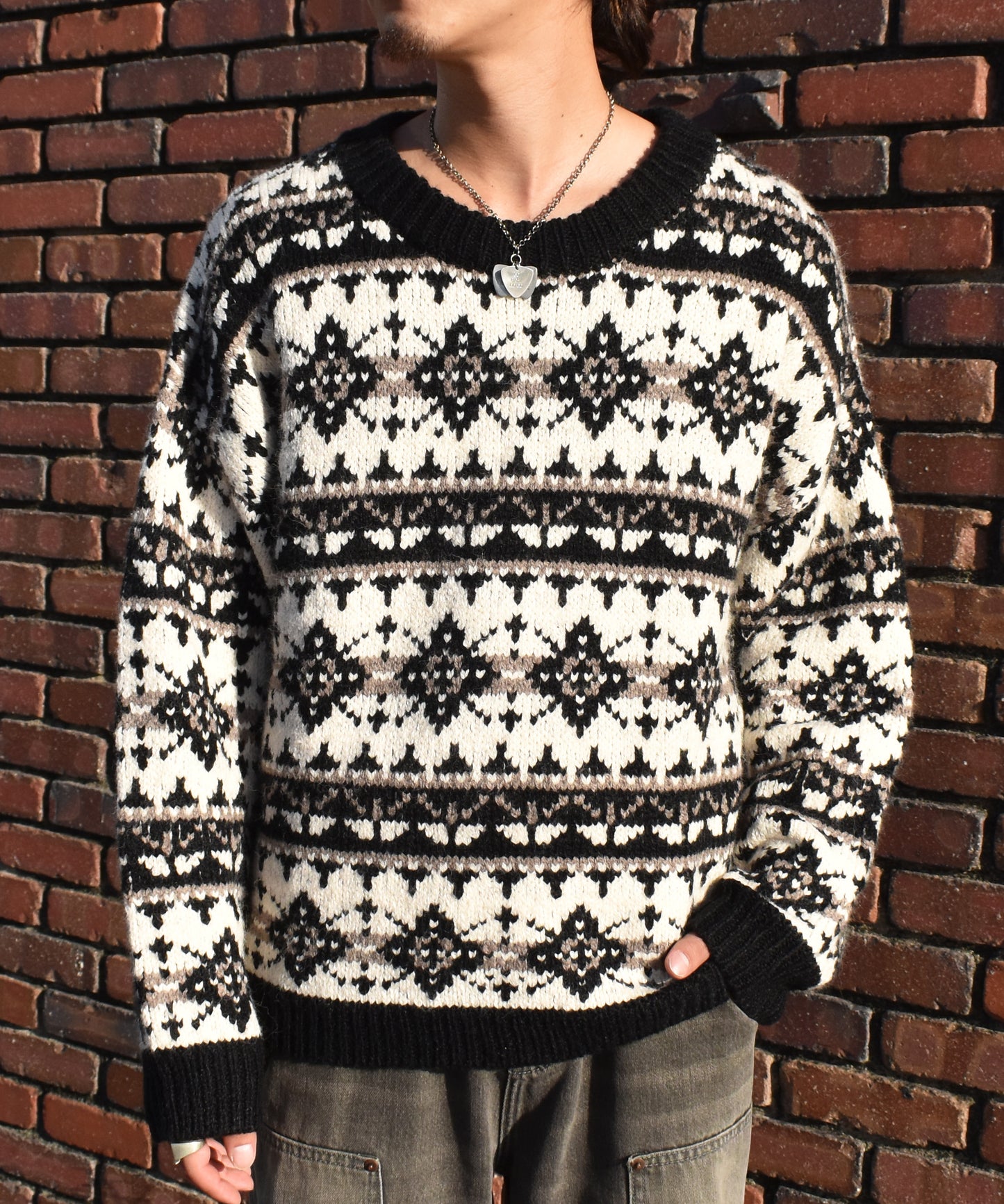 ノルディッククルーネックニット[Black]