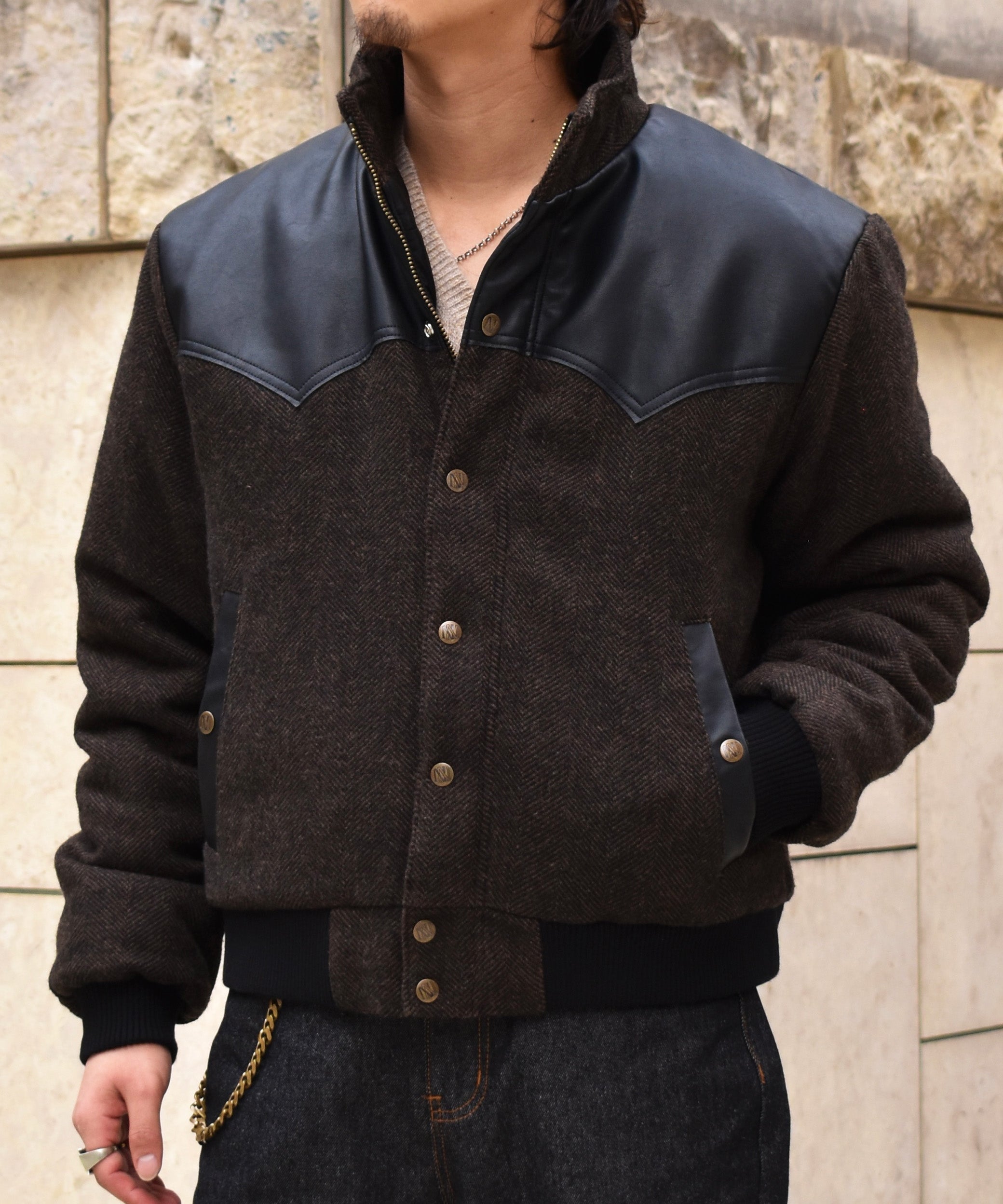 レザーヨーク中綿ツイードジャケット[Brown] – Noen