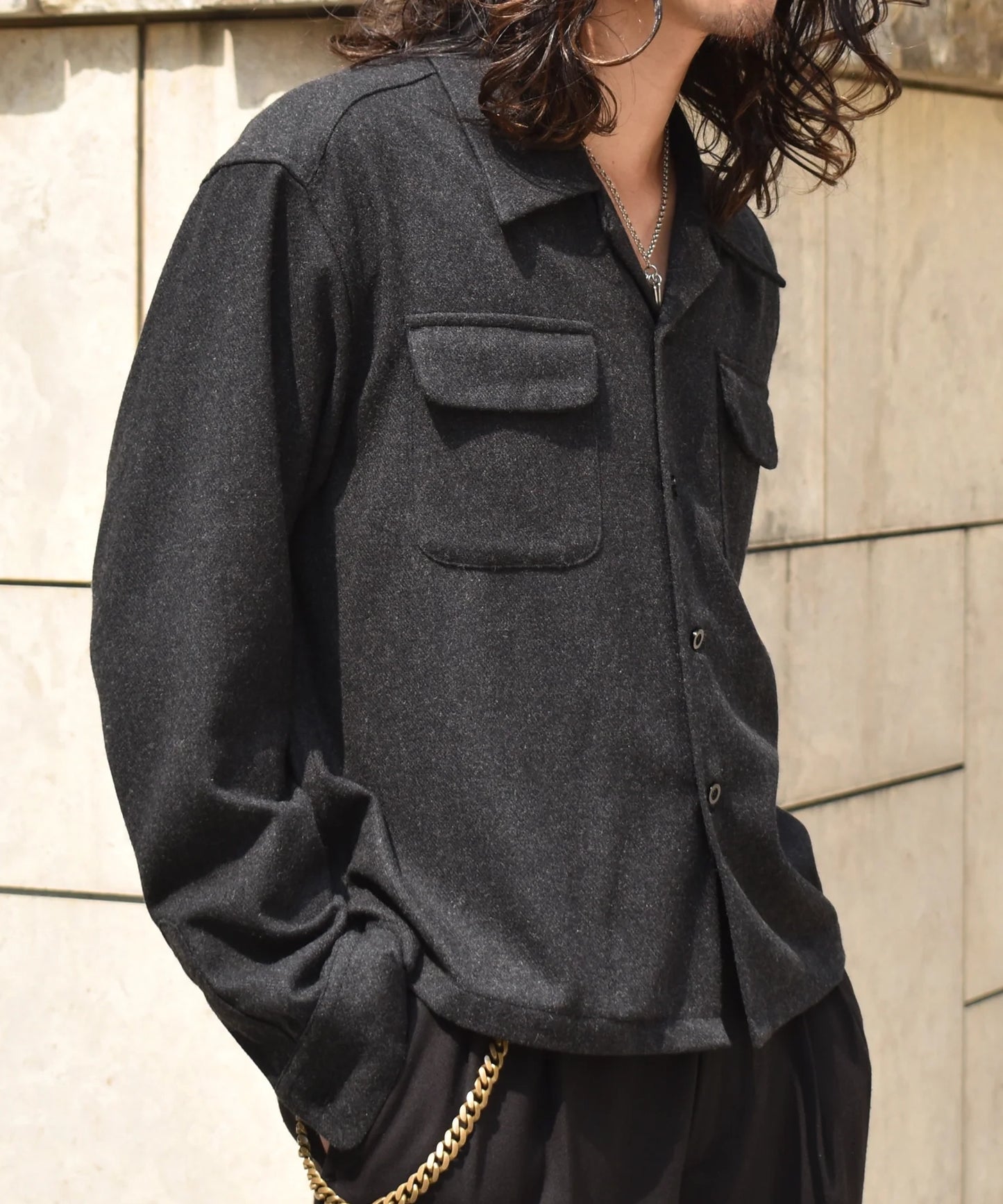 ウールオープンカラーシャツ[Charcoal Gray]