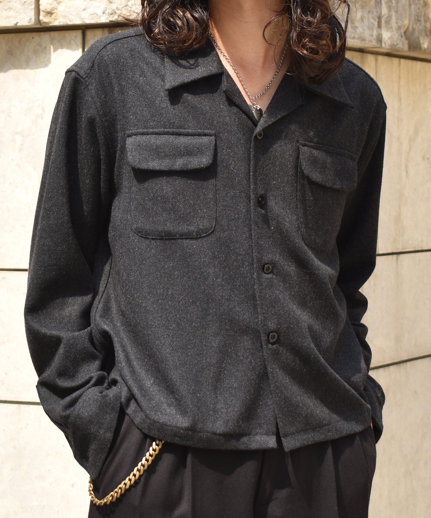 ウールオープンカラーシャツ[Charcoal Gray]