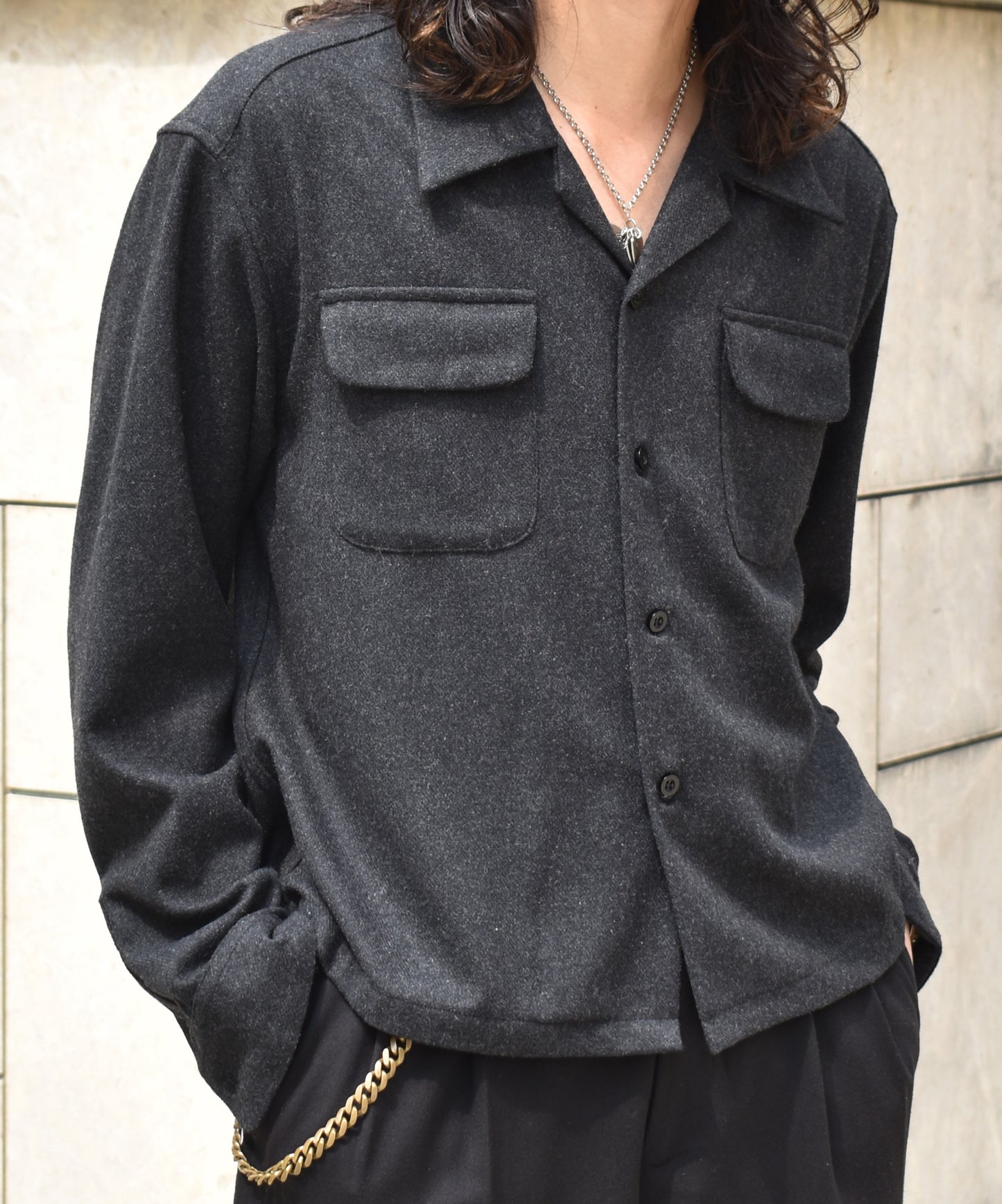 ウールオープンカラーシャツ[Charcoal Gray]