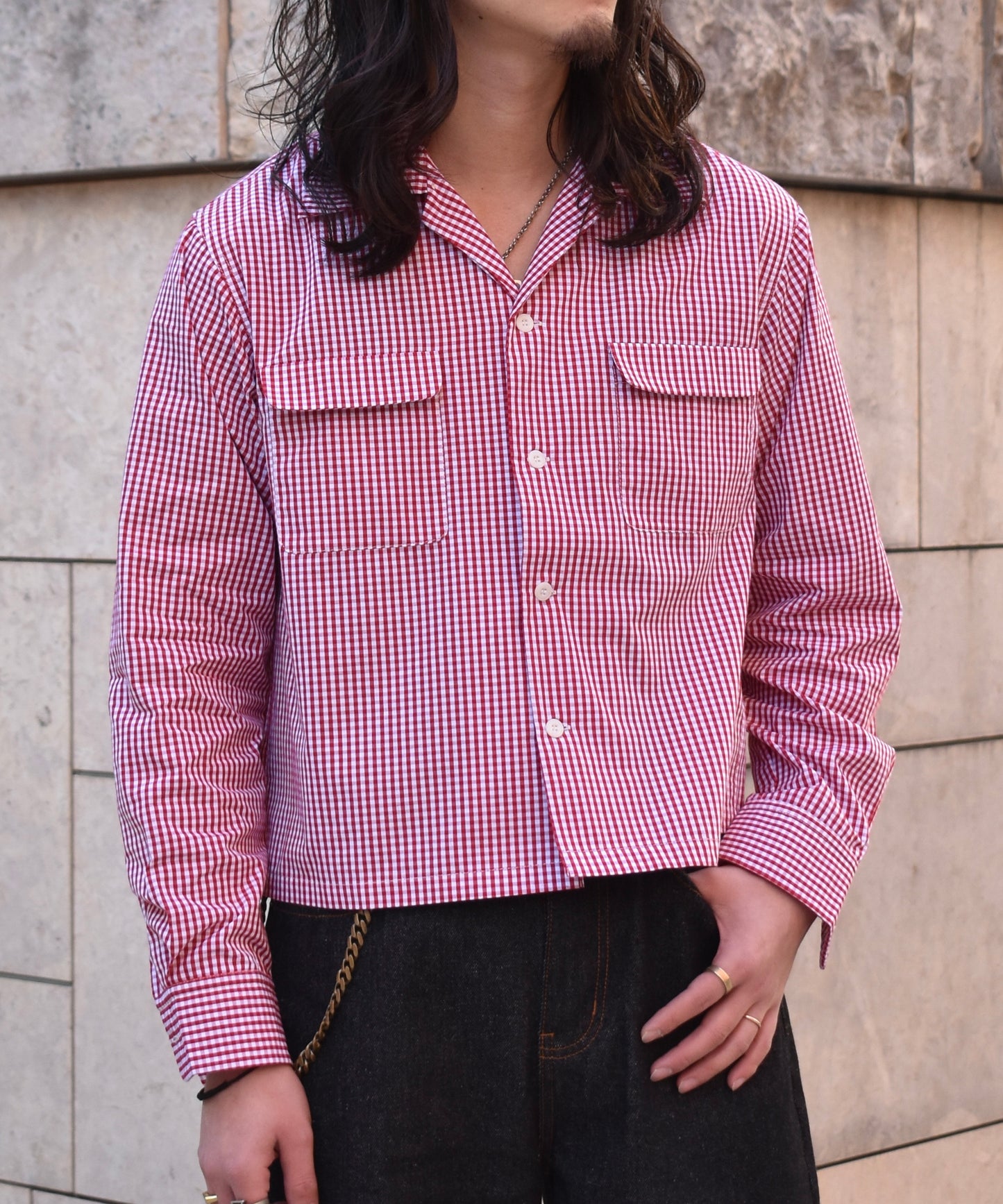 オープンカラーギンガムチェックシャツ[Red]