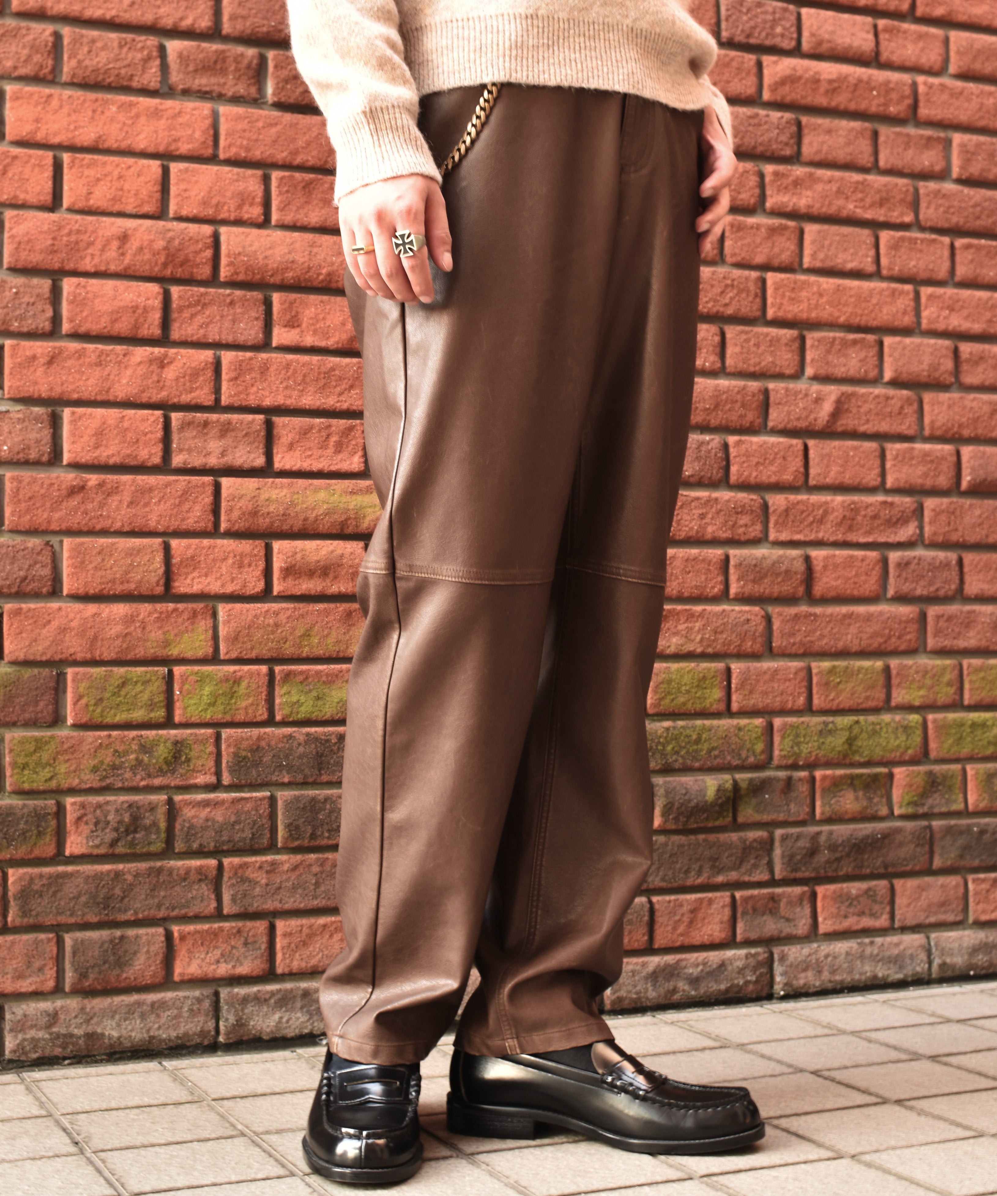 フェイクレザー5ポケットパンツ[Brown] – Noen