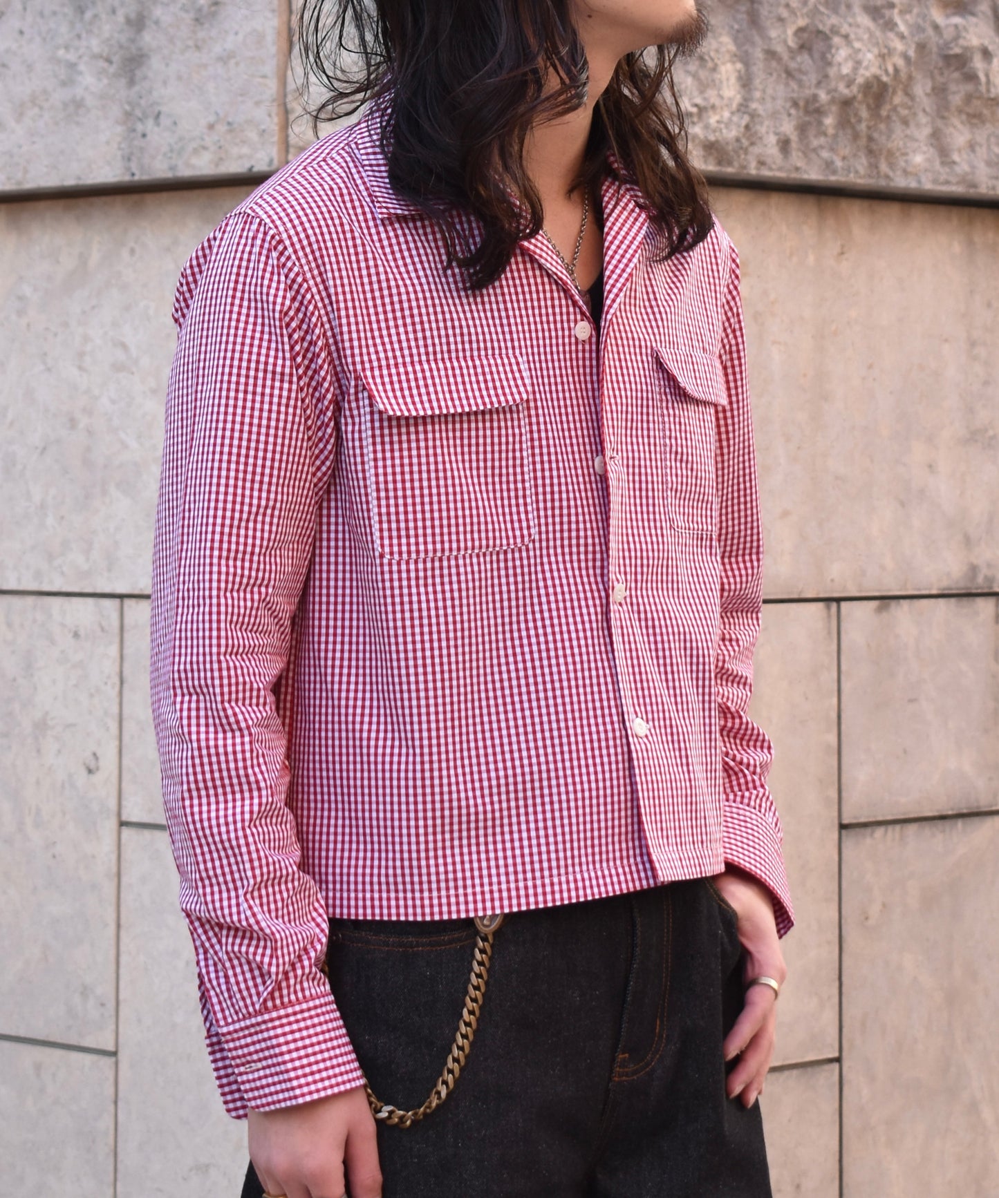 オープンカラーギンガムチェックシャツ[Red]