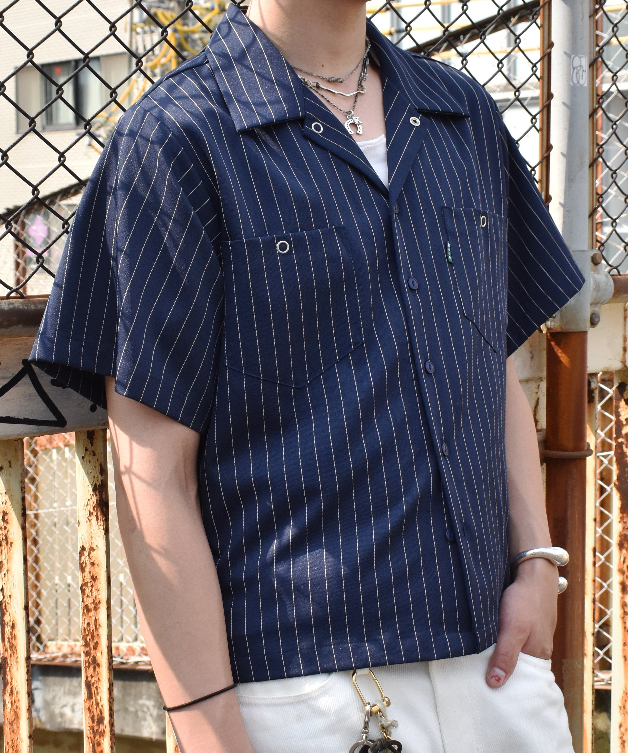 ストライプオープンカラーワークシャツ[Navy] – Noen
