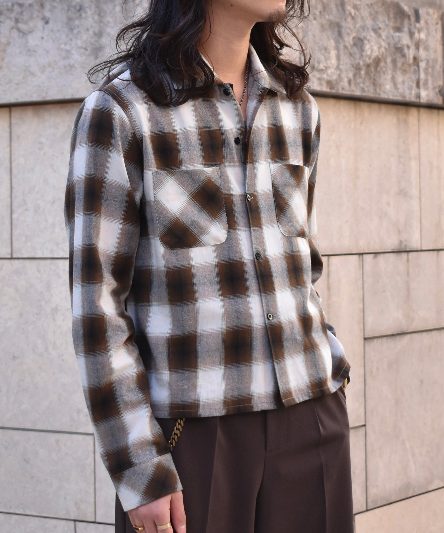 オンブレチェックシャツ[Brown]