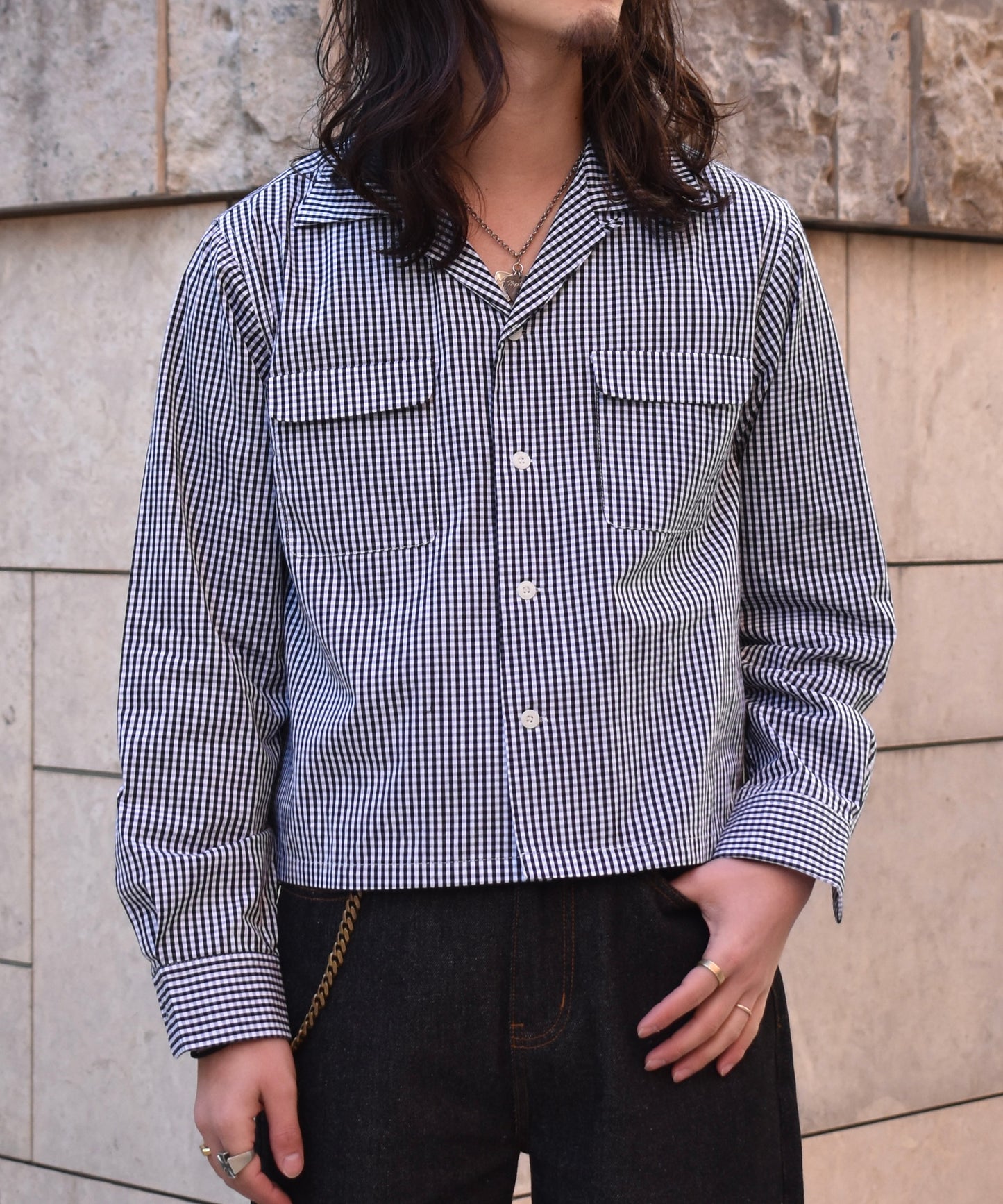 オープンカラーギンガムチェックシャツ[Black]