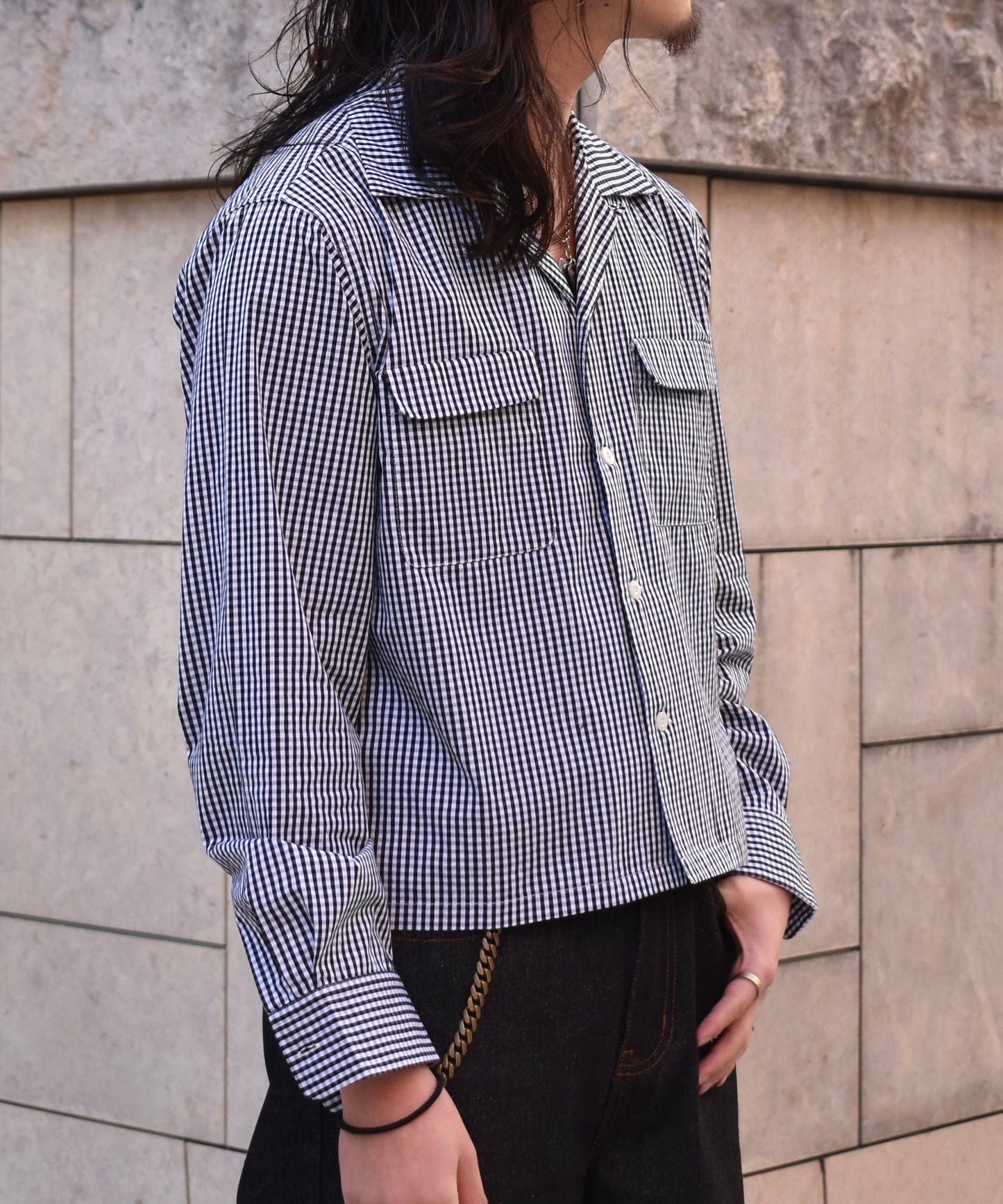 オープンカラーギンガムチェックシャツ[Black]